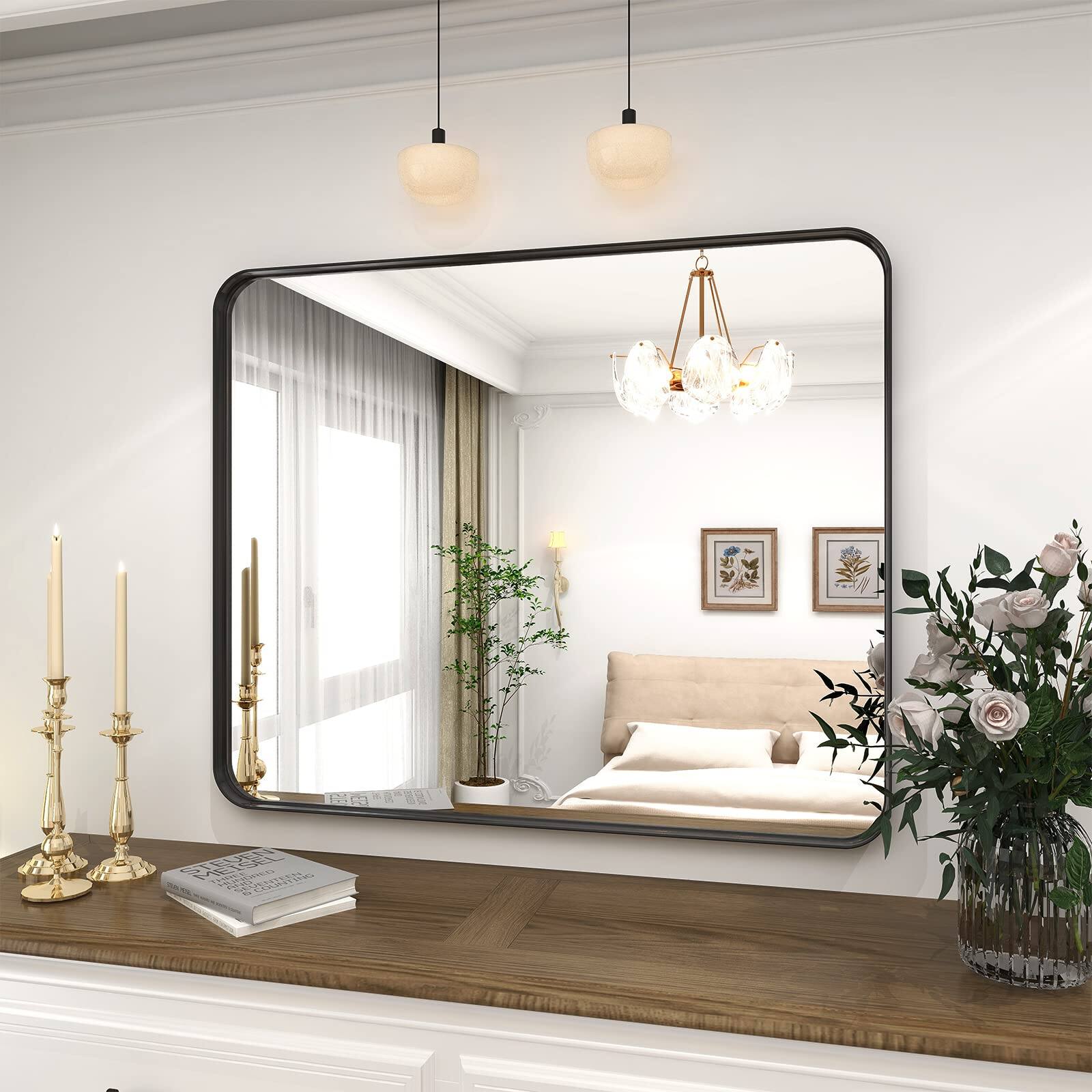 Alt View 4. METALTON - Bathroom Mirror Gorgeous Deep Frame Wall Modern Round Corner Vanity For Bedroom Living Room Hanging Or Lean - Gold 32"L x 24"W.