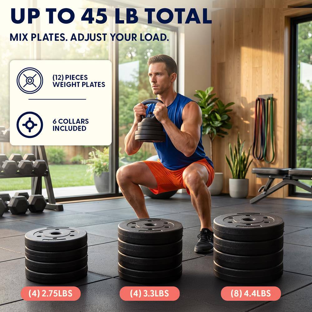 UP TO 45 LB TOTAL  
MIX PLATES. ADJUST YOUR LOAD.  

(12) PIECES WEIGHT PLATES  
6 COLLARS INCLUDED  

(4) 2.75LBS  
(4) 3.3LBS  
(8) 4.4LBS