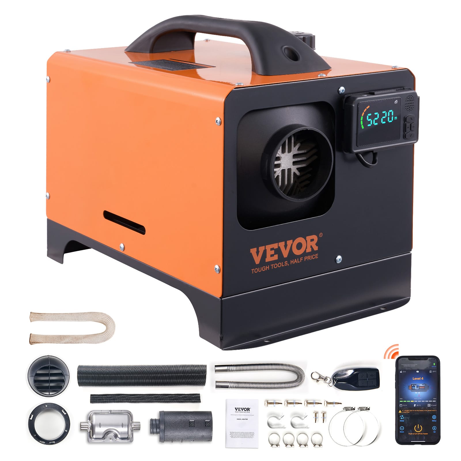 VEVOR - 8 KW Diesel Air Heater, Bluetooth App Control All-on-one Diesel Heater with Automatic Altitude Adjustment - Black;Orange