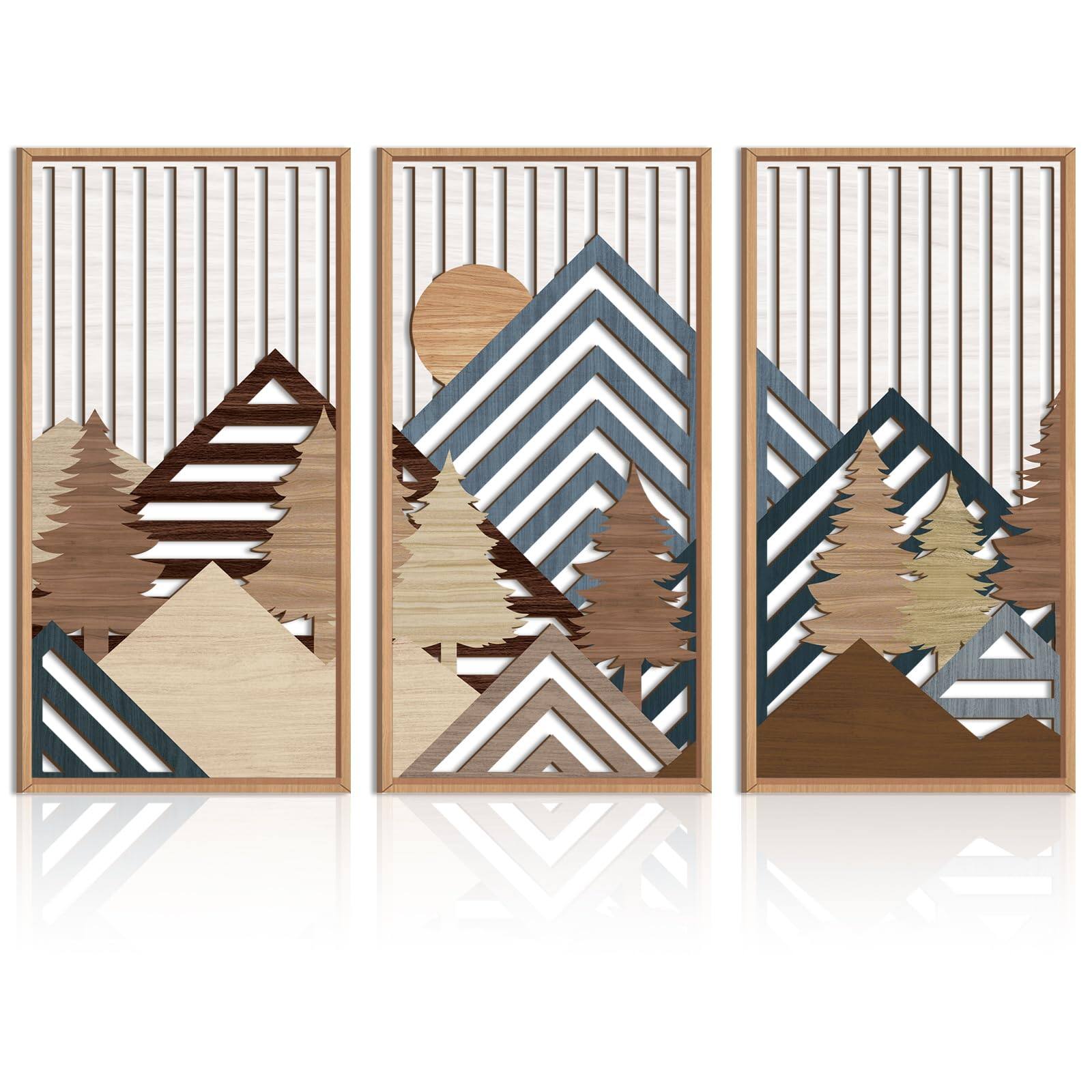 Hanke - Large Boho Wood Wall Art Framed Mid century Modern Wooden Decor Bohemian Abstract Bedroom Living - boho mountain