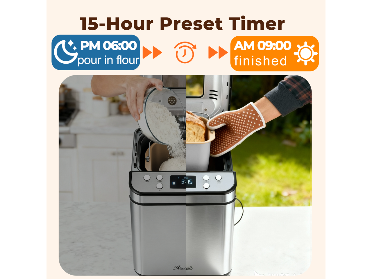15-Hour Preset Timer  
PM 06:00  
pour in flour  
AM 09:00  
finished