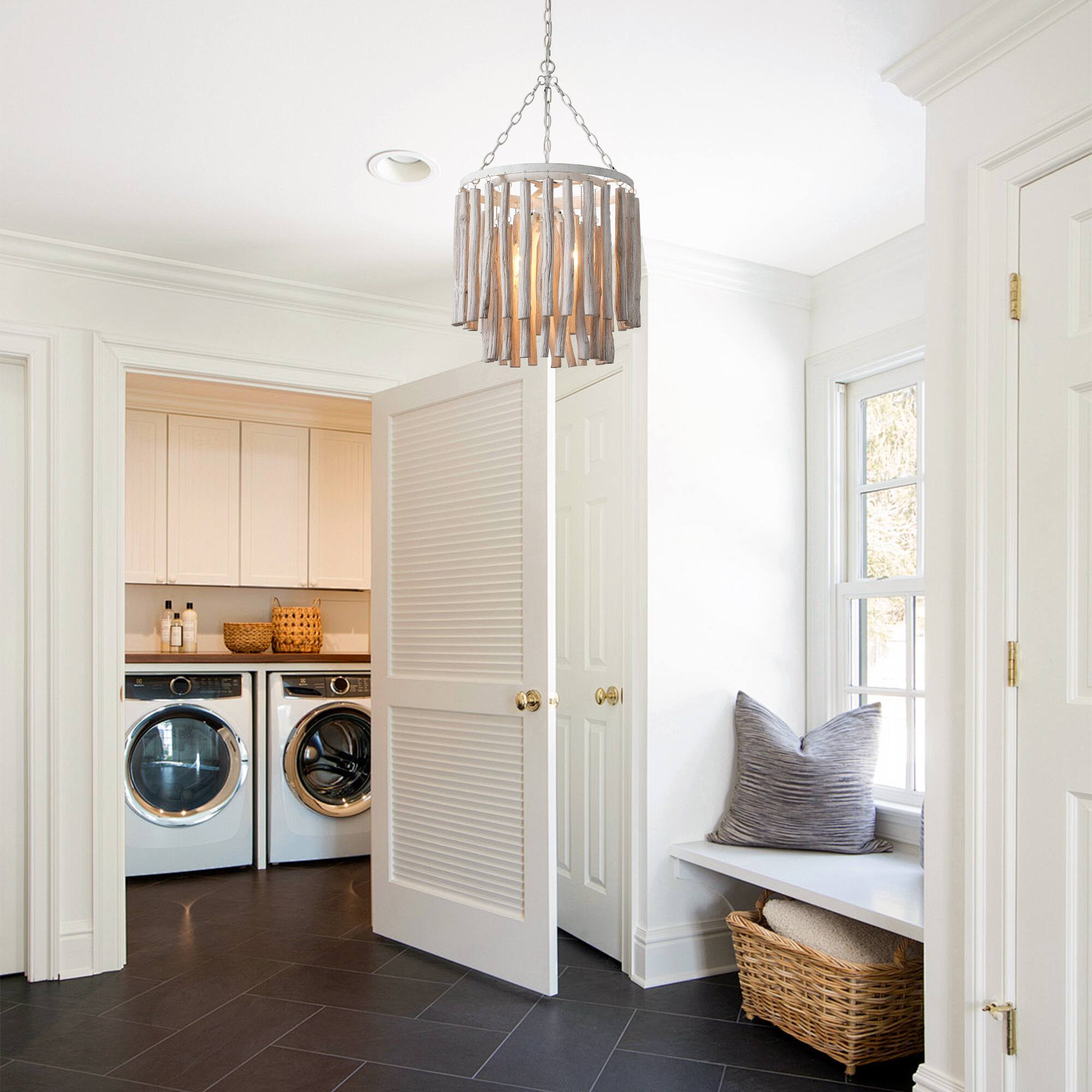 Alt View 1. Parrot Uncle - 17"W Farmhouse White Wooden Adjustable 4-Light Chandelier - White.