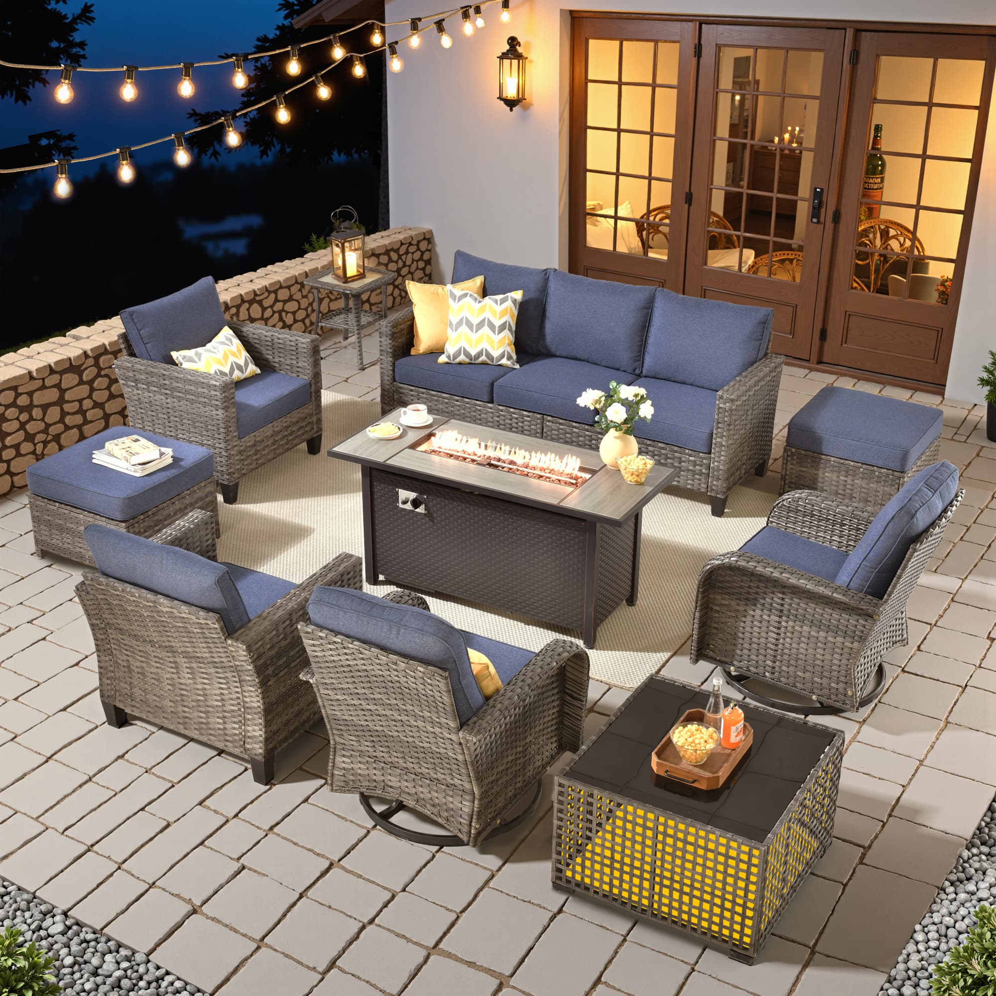 Ovios - 10 PCS Patio Furniture Conversation Sofa Set with Swivel Chair, Coffee Table & 54" Fire Pit Table - Denim Blue