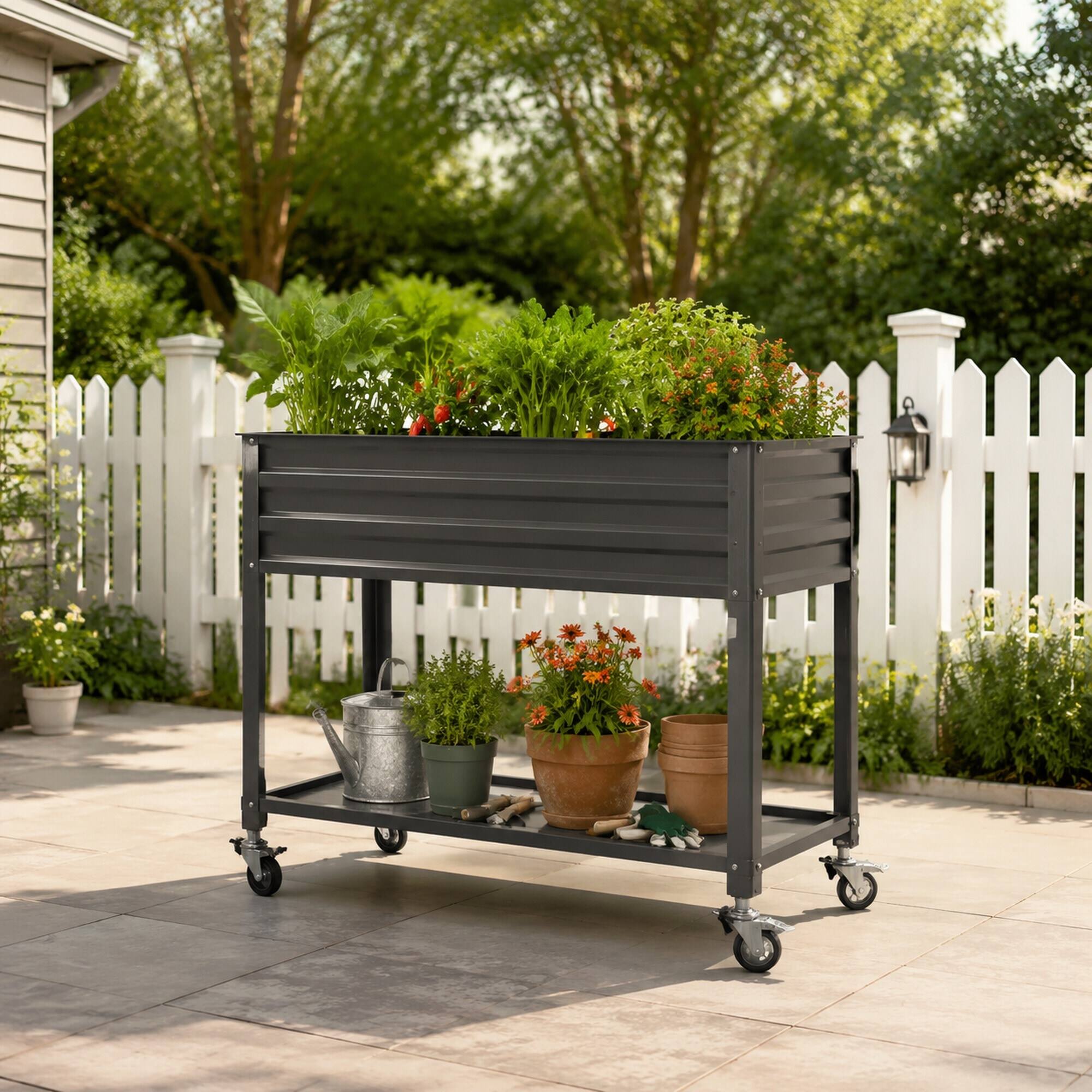 Back. RYHNUYNE - 2-Tier Elevated Metal Wicking Garden Bed with Lockable Wheels & Storage Shelf, Dark Gray Self-Watering Planter - Grey.