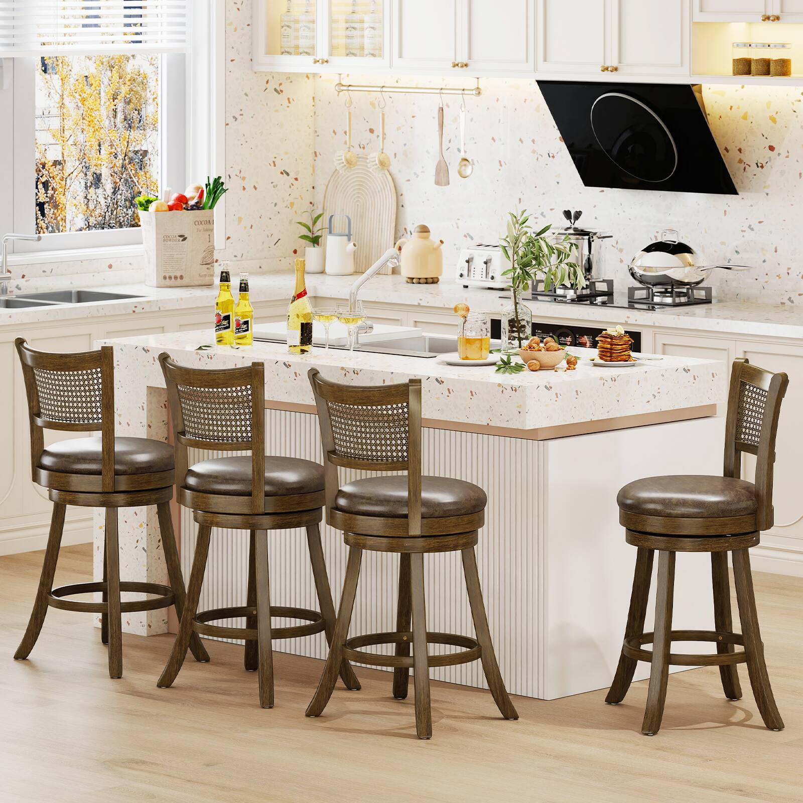 Alt View 1. Gymax - Gymax Set of 4 Bar Stools 25'' Swivel Bar Chairs w/ PE Rattan Backrest Counter Height - Brown.