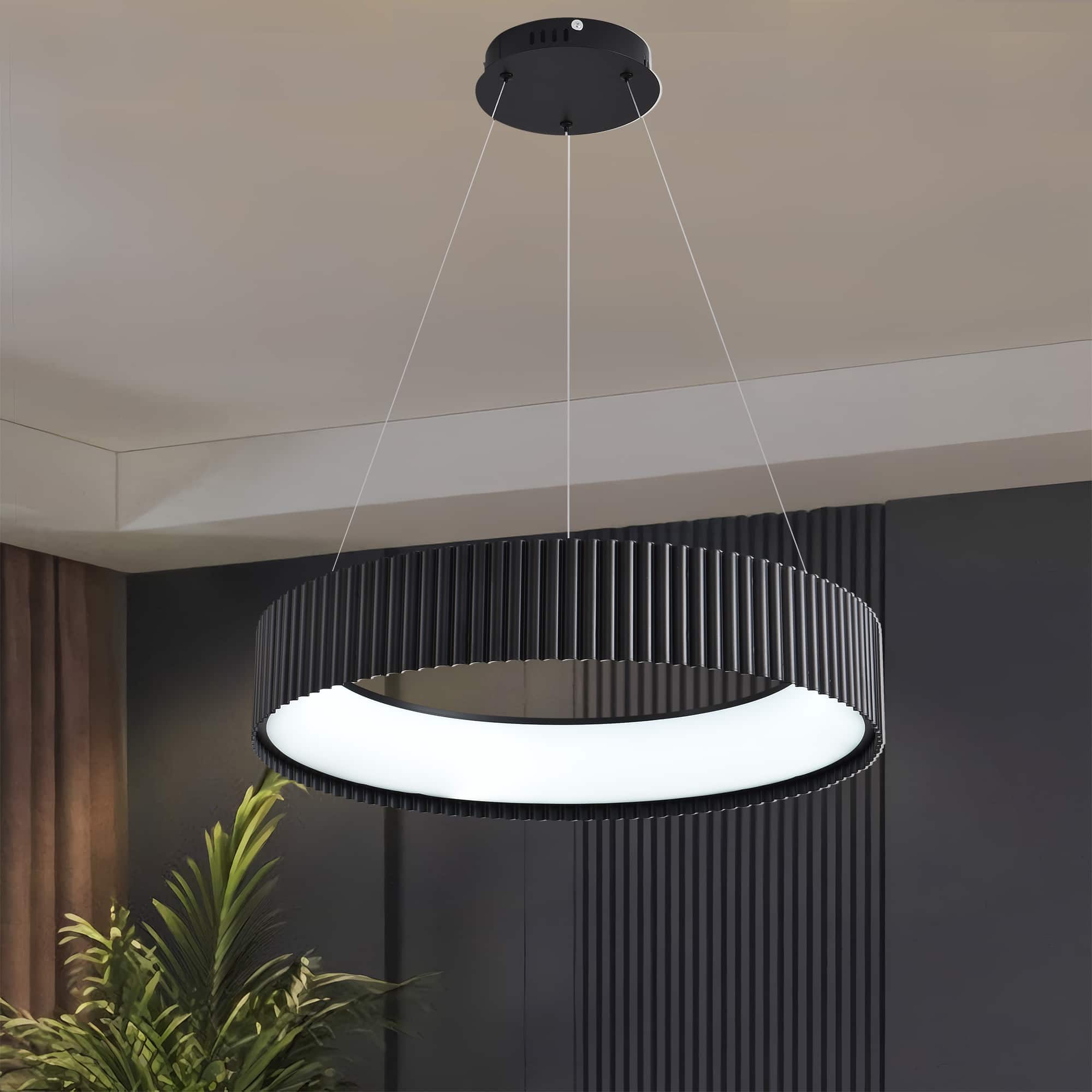 Front. RYHNUYNE - Modern LED Chandelier,Black Circular LED Pendant Light Ring with Remote, Round Hanging Light for Kitchen Dining Room - Black.