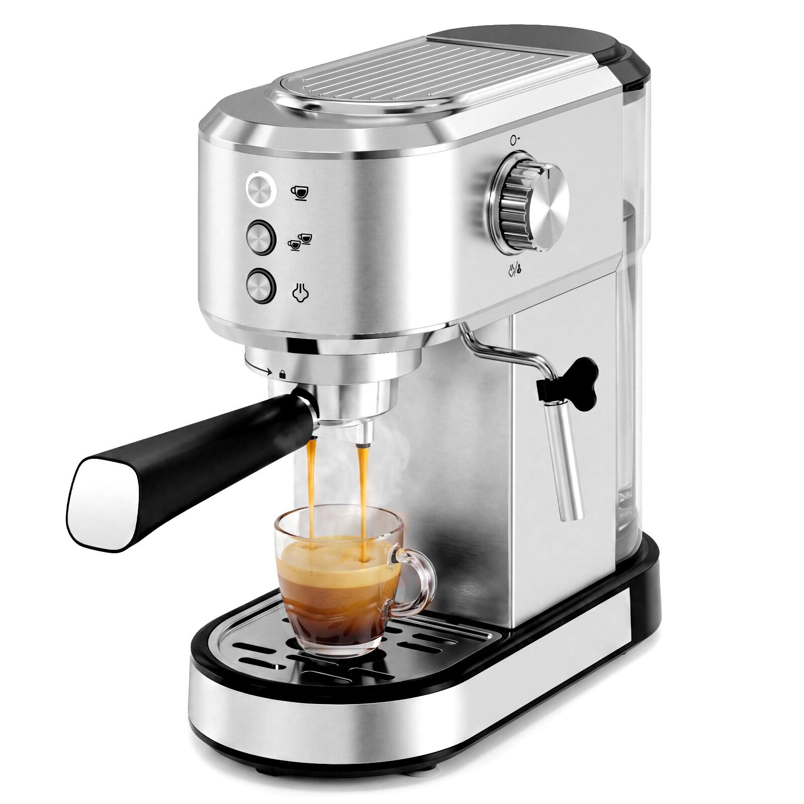 Front. Sweetcrispy - Semi Automaic Espresso Machine with Steam Wand Milk Frother, Compact Coffee Maker - Stainless Steel - Stainless Steel.