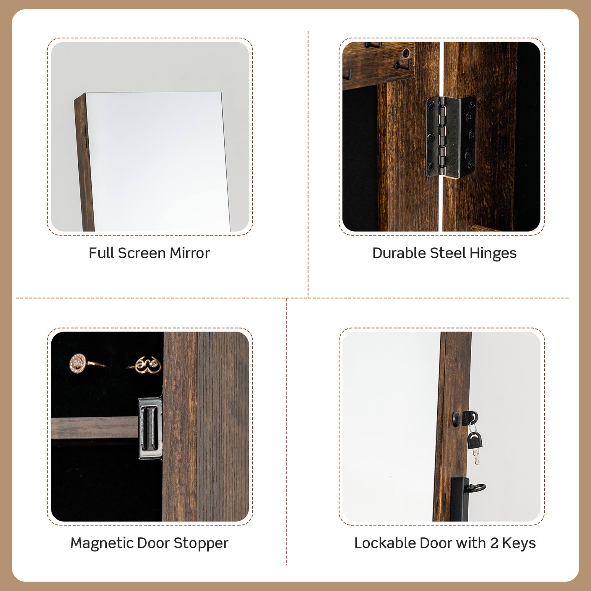 Full Screen Mirror Durable Steel Hinges Magnetic Door Stopper Lockable Door with 2 Keys