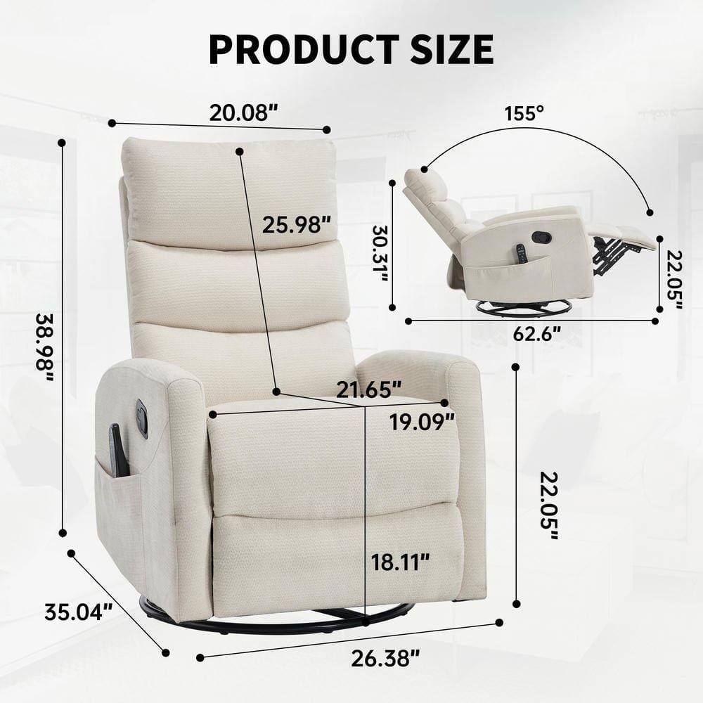 PRODUCT SIZE

- Width: 38.98"
- Depth: 26.38"
- Height: 62.6"
- Seat Height: 19.09"
- Seat Depth: 21.65"
- Arm Height: 22.05"
- Back Height: 25.98"
- Recliner Angle: 155°
- Recliner Length: 30.31"
- Side Table Height: 22.05"
- Side Table Width: 18.11"
- Overall Width: 35.04"
- Overall Depth: 22.05"
- Overall Height: 20.08"