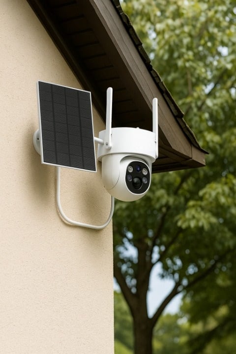 Zell Electronics - Solar-Powered 360° PTZ WiFi Security Camera, 3MP FHD, Spotlight, Motion Detection & Color Night Vision - White