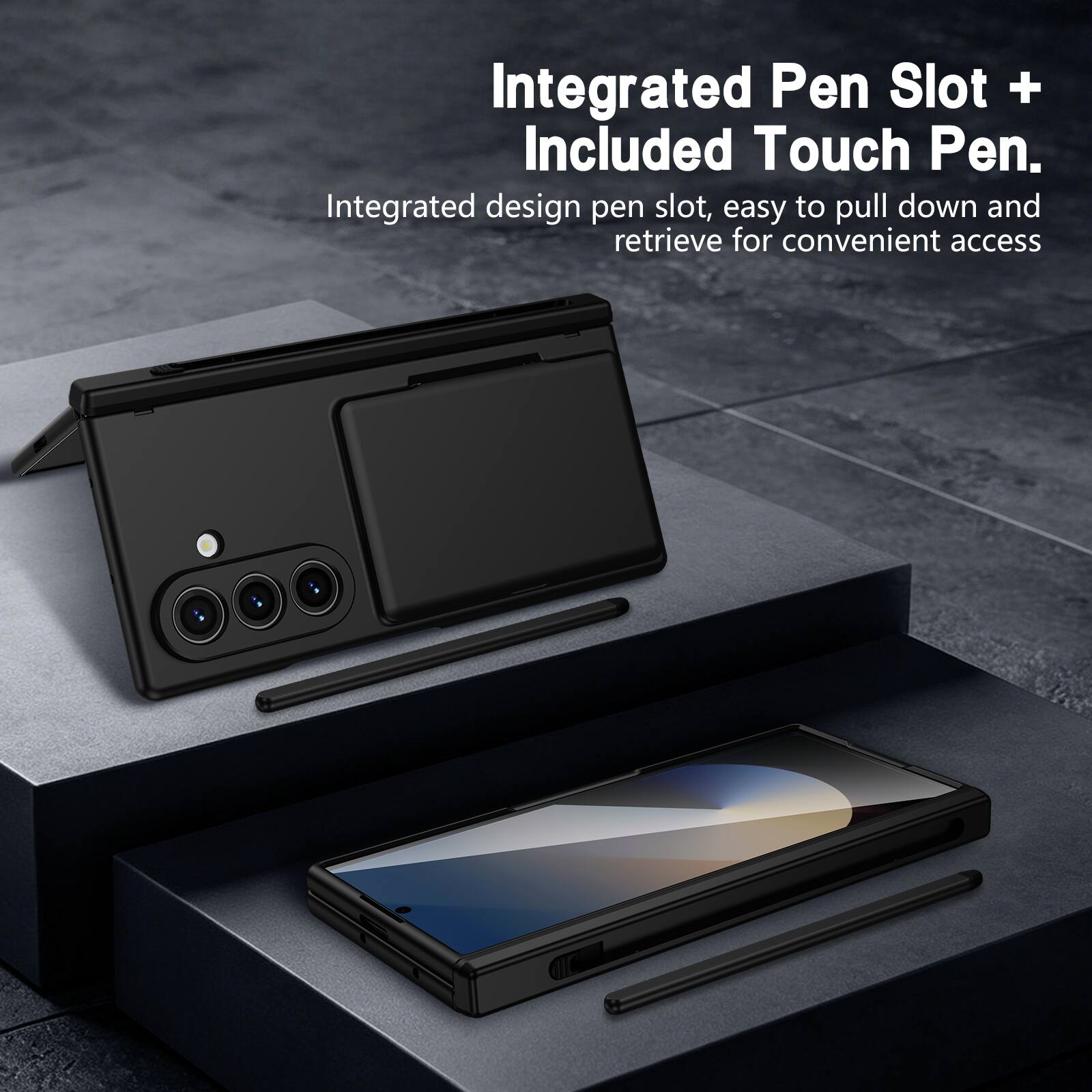 Integrated Pen Slot + Included Touch Pen.  
Integrated design pen slot, easy to pull down and retrieve for convenient access