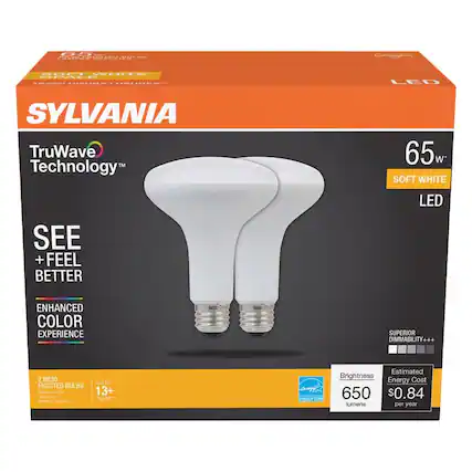 SYLVANIA
TruWave Technology™
SEE + FEEL BETTER
ENHANCED COLOR EXPERIENCE
2 BR30 FROSTED BULBS
LASTS 13+ YEARS
65w SOFT WHITE LED
SUPERIOR DIMMABILITY+++
Brightness 650 lumens
Estimated Energy Cost $0.84 per year
ENERGY STAR