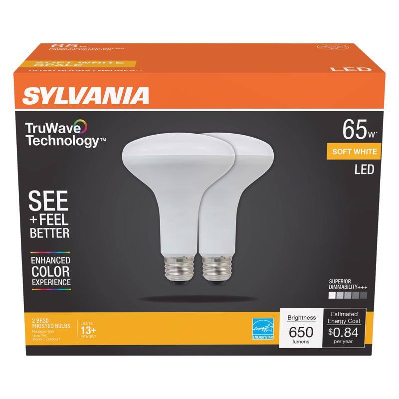 SYLVANIA  
TruWave Technology™  
SEE + FEEL BETTER  
ENHANCED COLOR EXPERIENCE  
2 BR30 FROSTED BULBS  
LASTS 13+ YEARS  
65w SOFT WHITE LED  
SUPERIOR DIMMABILITY+++  
Brightness 650 lumens  
Estimated Energy Cost $0.84 per year  
ENERGY STAR
