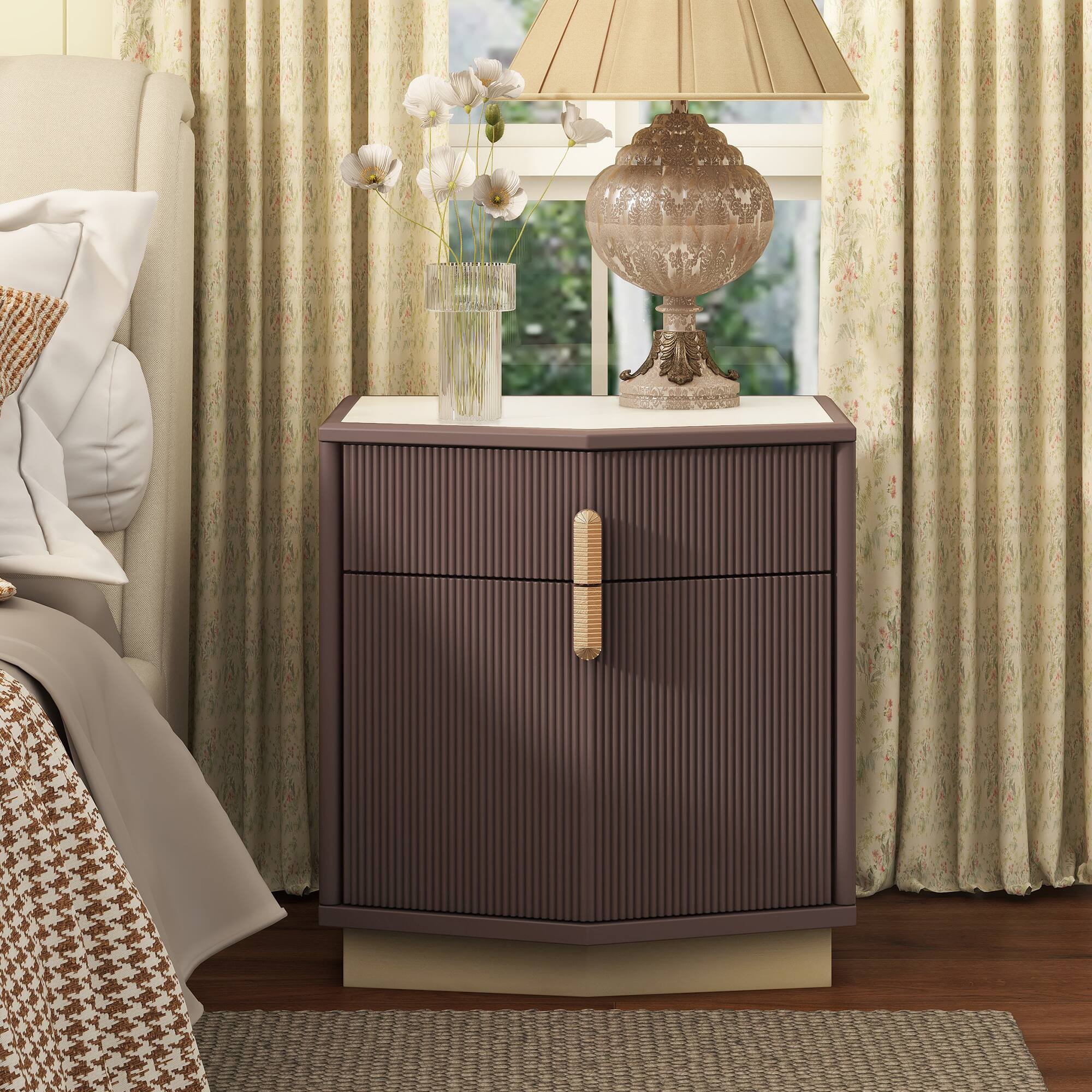 Whisen - 2-Drawer Nightstand with Fluted Vertical Stripes,Heavy-Duty Bedside Table for Bedroom - Chocolate