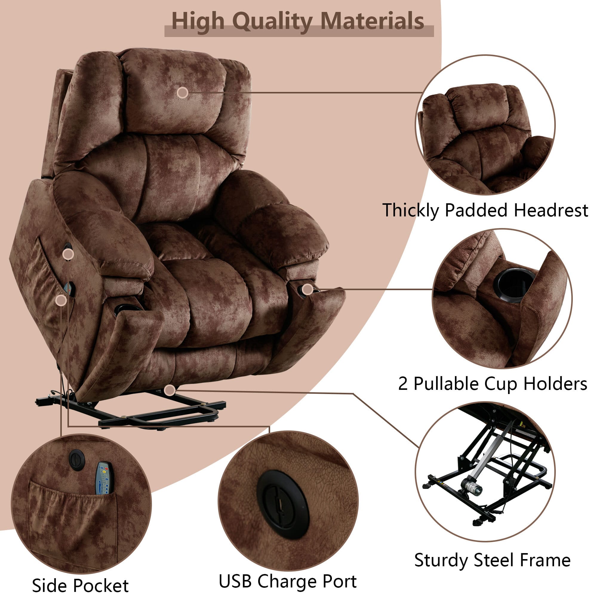 - High Quality Materials
- Thickly Padded Headrest
- 2 Pullable Cup Holders
- Side Pocket
- USB Charge Port
- Sturdy Steel Frame