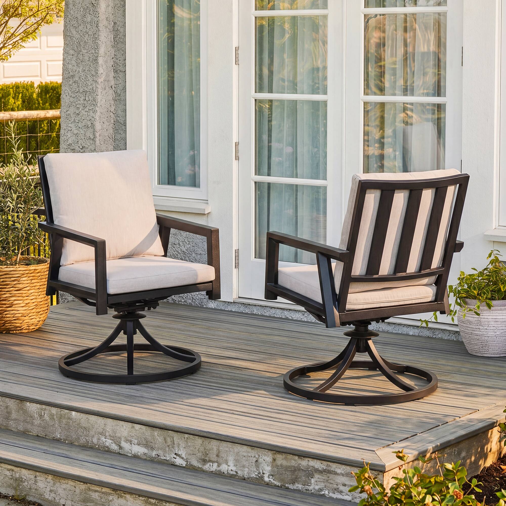 Left. Nuu Garden - Outdoor 2-Piece Aluminum Swivel Chairs with Gray Cushions - Black and Gray.