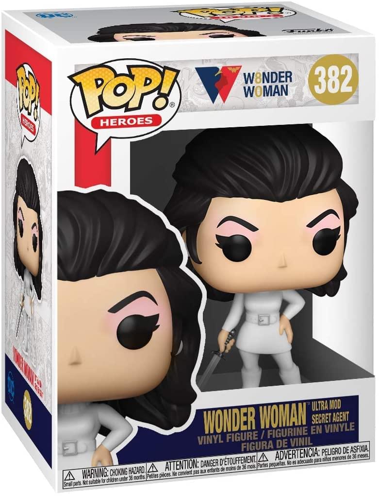 **Front:**
- POP! HEROES
- WONDER WOMAN
- 382
- ULTRA MOD SECRET AGENT
- VINYL FIGURE / FIGURINE EN VINYLE / FIGURA DE VINIL
- WARNING: CHOKING HAZARD - Small parts. Not suitable for children under 36 months.
- ATTENTION: DANGER D'ÉTOUFFEMENT - Petites pièces. Ne convient pas pour les enfants de moins de 36 mois.
- ADVERTENCIA: PESEGO DE ASFIXIA - Partes pequeñas. No es adecuado para niños menores de 36 meses.

**Side:**
- POP! HEROES
- WONDER WOMAN
- 382

**Bottom:**
- WARNING: CHOKING HAZARD - Small parts. Not suitable for children under 36 months.
- ATTENTION: DANGER D'ÉTOUFFEMENT - Petites pièces. Ne convient pas pour les enfants de moins de 36 mois.
- ADVERTENCIA: PESEGO DE ASFIXIA - Partes pequeñas. No es adecuado para niños menores de 36 meses.