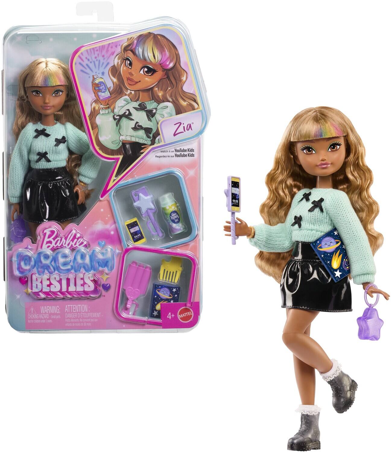 Zia  
YouTube Kids  
Barbie DREAM BESTIES  
WARNING: ATTENTION: CHOKING HAZARD - DANGER D'ÉTOUFFEMENT - Small parts. Not for children under 3 years.  
4+  
MATTEL