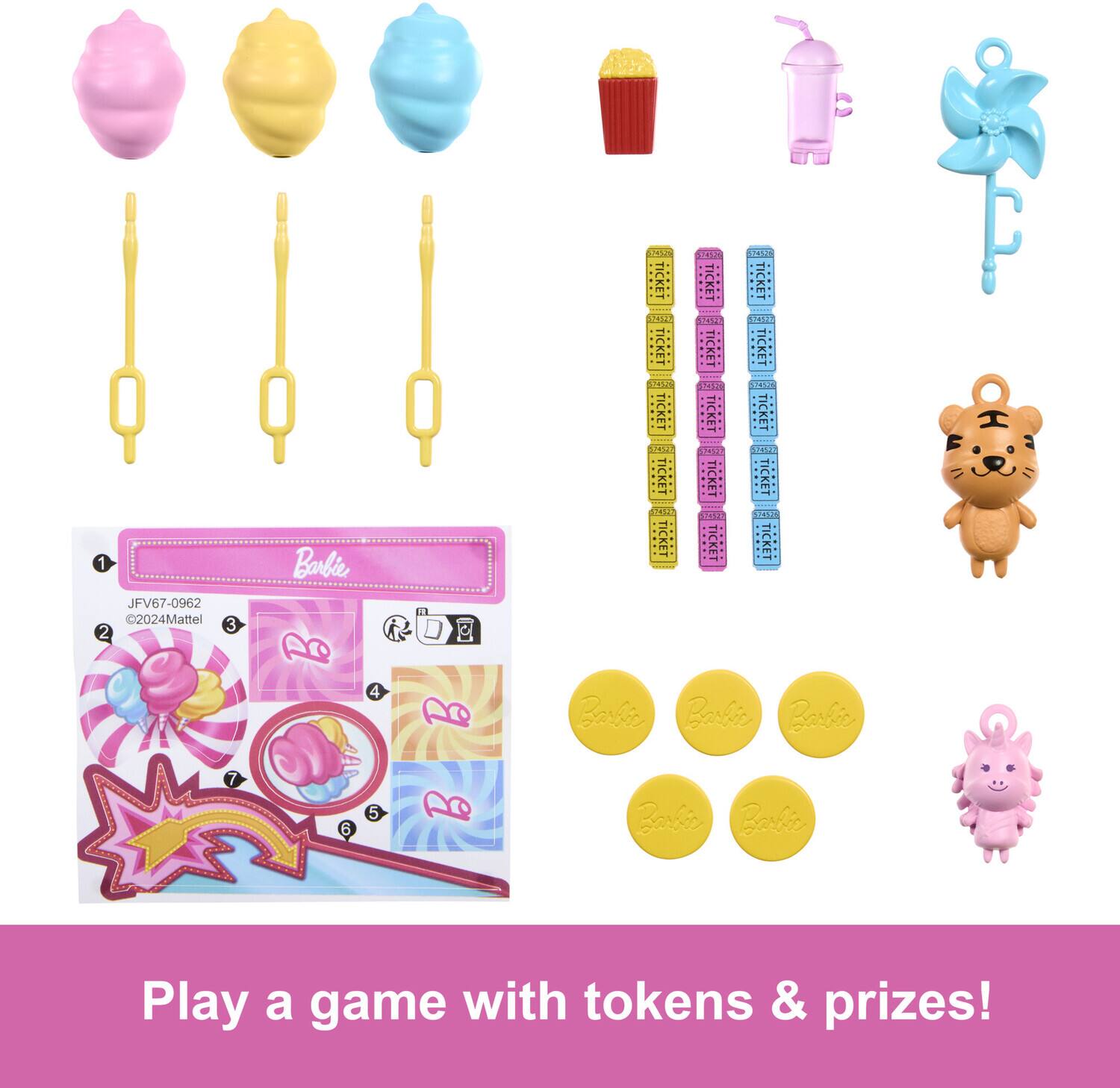 1 JFV67-0962  
2024 Mattel  
3 Barbie  
4 Bare Barbie  
5 Barkie Barbie  
6 Play a game with tokens & prizes!  

1 JFV67-0962  
2024 Mattel  
3 Barbie  
4 Bare Barbie  
5 Barkie Barbie  
6 Play a game with tokens & prizes!