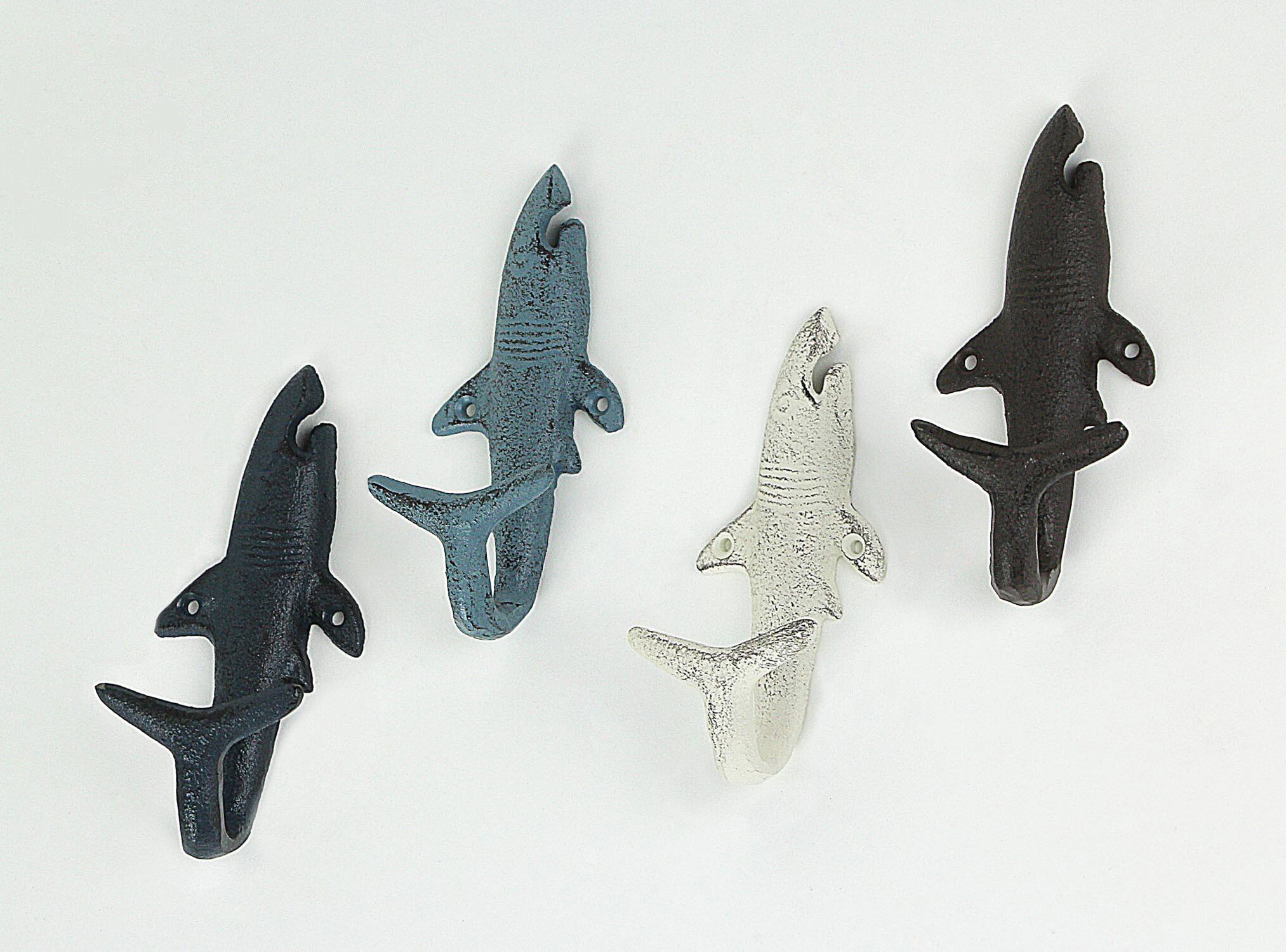 Alt View 1. Zeckos - 4 Piece Rustic Nautical Colored Finish Cast Iron Shark Wall Hook Set - Nautical Tones.