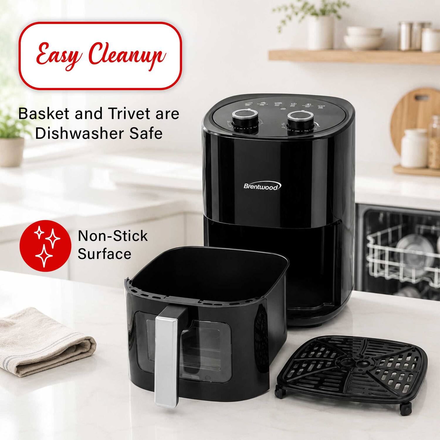 Easy Cleanup  
Basket and Trivet are Dishwasher Safe  
Brentwood  
Non-Stick Surface