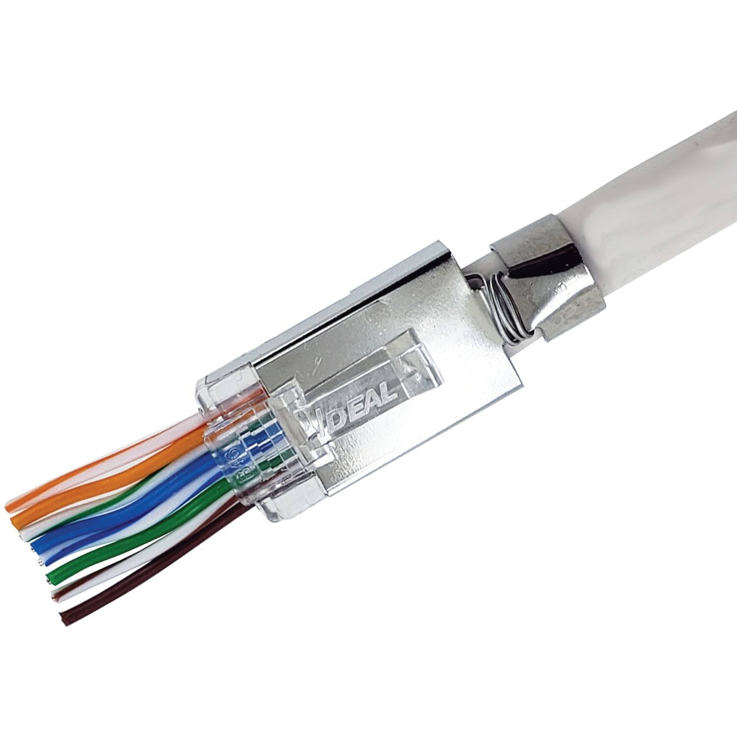 Angle. IDEAL - Shielded Feed-Thru CAT-6A/6/5-E Modular Plugs for Larger Diameter Conductors 25 Pack - Metallic.