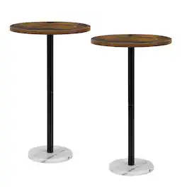 Oumilen - Round Rustic Burnt Wood Side Table with Marble Base, Compact Accent End Table - White