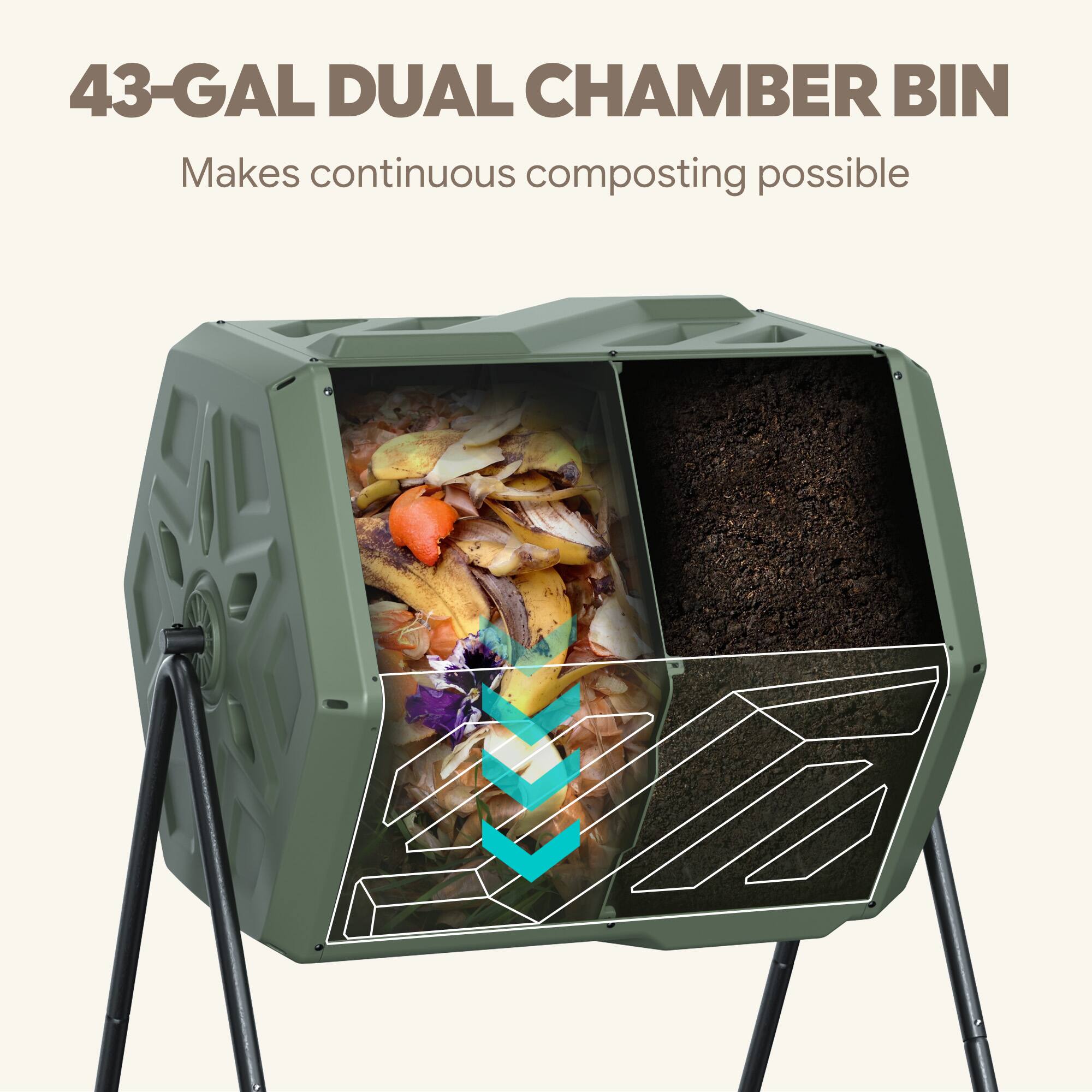 43-GAL DUAL CHAMBER BIN  
Makes continuous composting possible