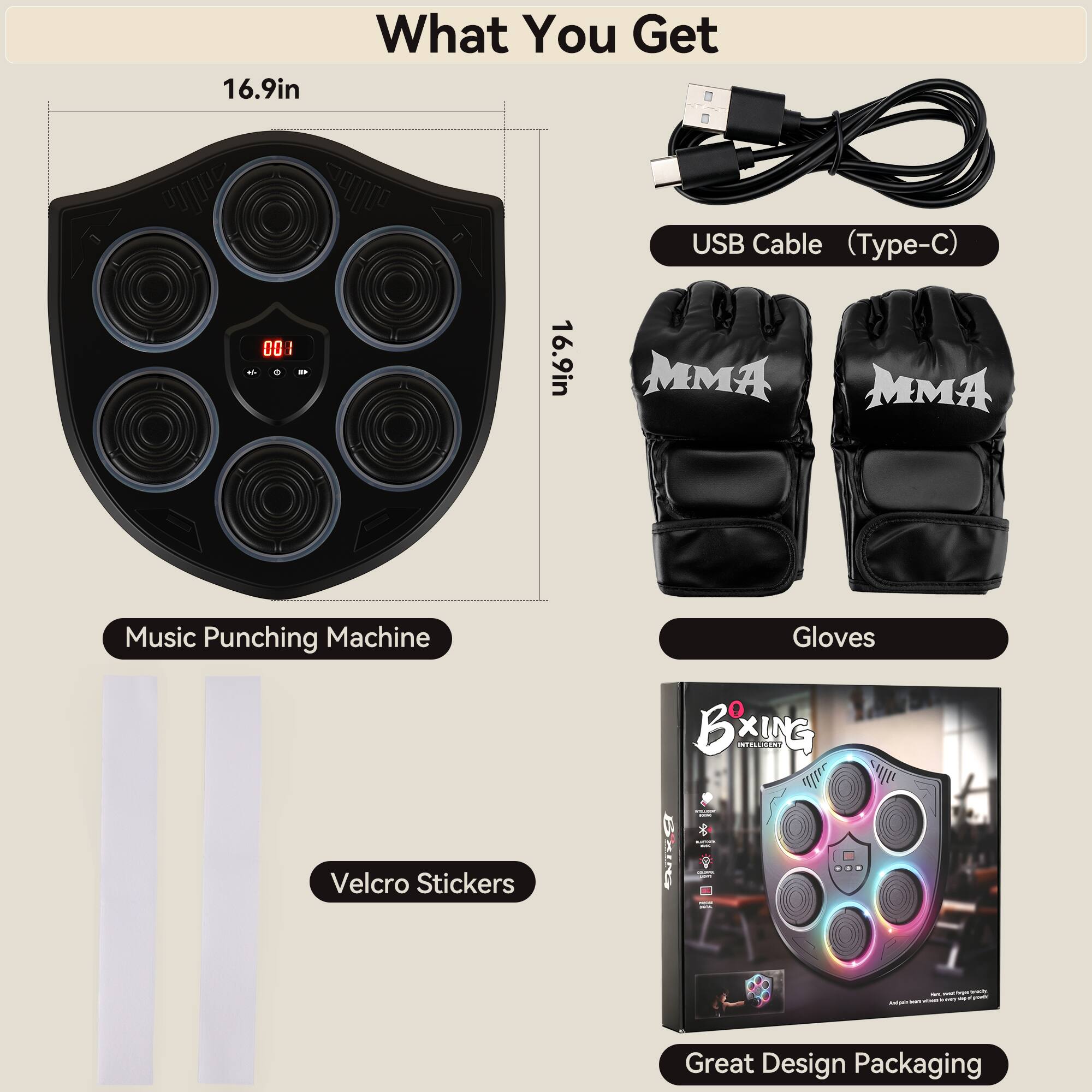 16.9in What You Get USB Cable (Type-C) 16.9in MMA Music Punching Machine Gloves MMA Boxing LIN Velcro Stickers RINZ Great Design Packaging