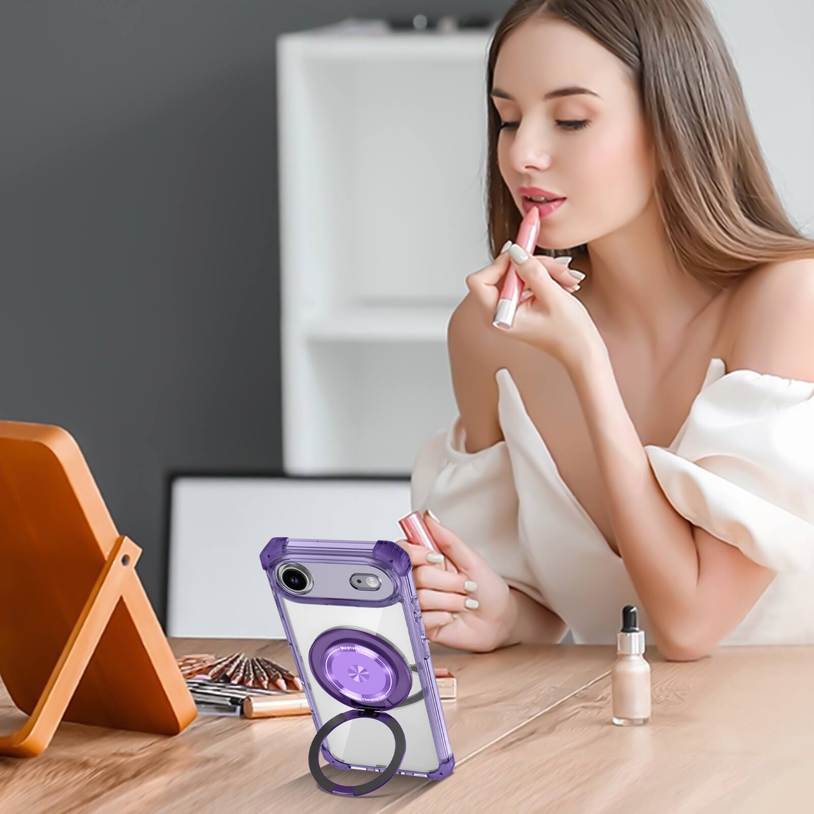 Angle. Dteck - Magnetic Case for Apple iPhone Air with 360° Rotating Ring Kickstand, Crystal Clear Shockproof Drop Protection Cover - Purple.