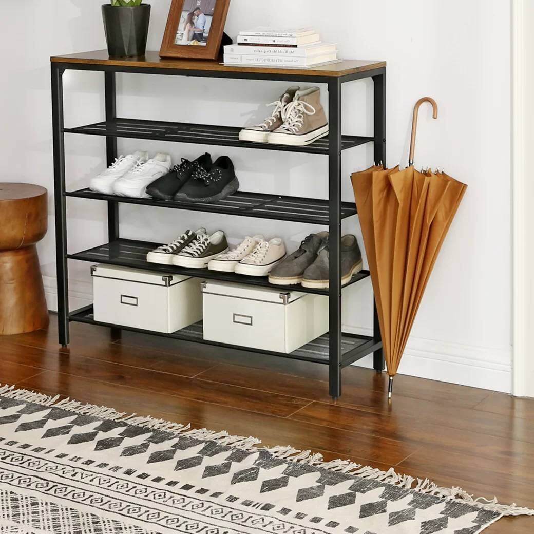 Angle. SlickBlue - Metal Shoe Rack 5-Tier with Wood Top, Industrial Design - Black, Brown.