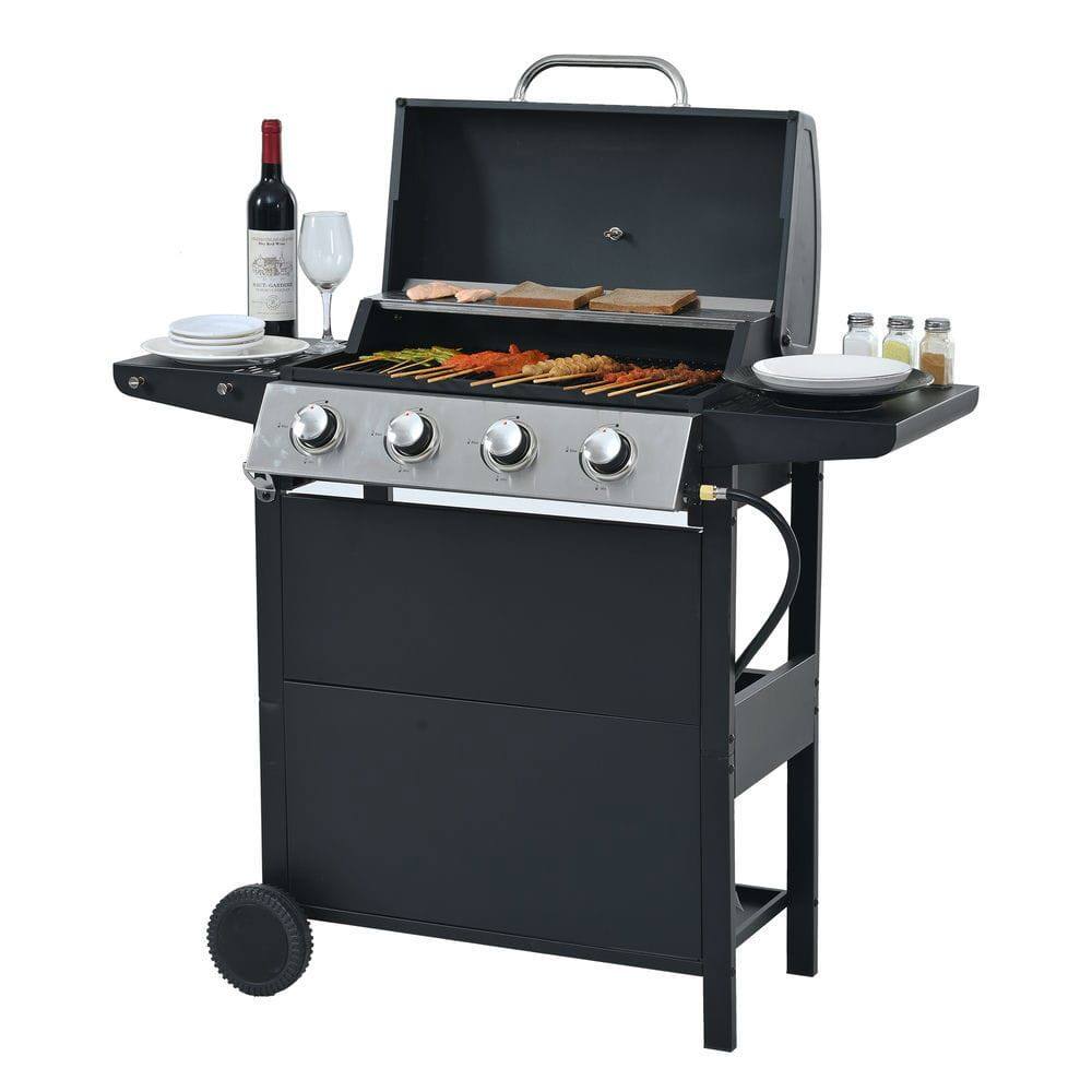 Left. Resenkos - Propane Gas Grill 4 Burner Barbecue Grill, Stainless Steel 34,000 BTU Patio Garden Barbecue Grill, Black.