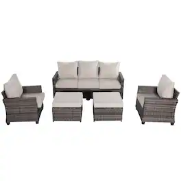 Decksplore - 5-Piece Outdoor Wicker Patio Conversation Set with 2 Ottomans and Beige Cushions - Off-white