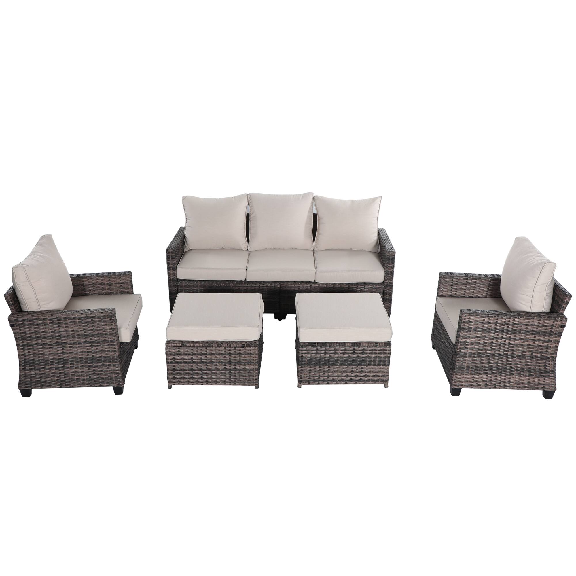 Front. Decksplore - 5-Piece Outdoor Wicker Patio Conversation Set with 2 Ottomans and Beige Cushions - Off-white.