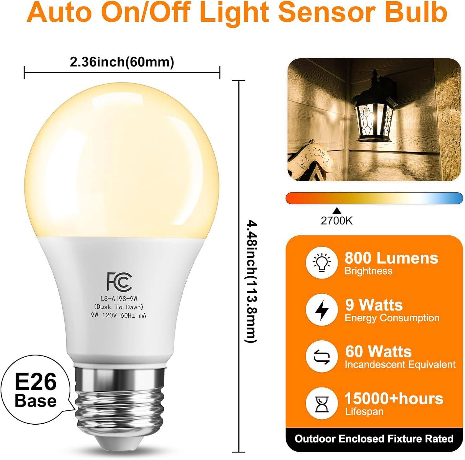 DAYBETTER 60 Watt Equivalent A19 E26 Base Dusk to Dawn Sensor LED Light ...