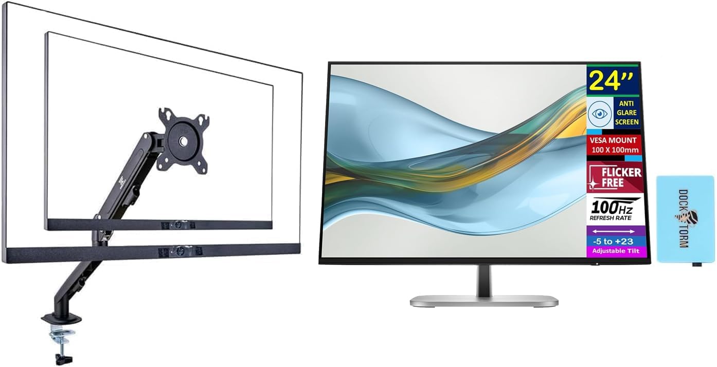 HP - Series 5 Pro 524pn 24" WUXGA IPS Monitor, HDMI, (9D9A7AA#ABA) w/DKZ Hub & Ergoflexy Single Mount Arm - Black/Silver