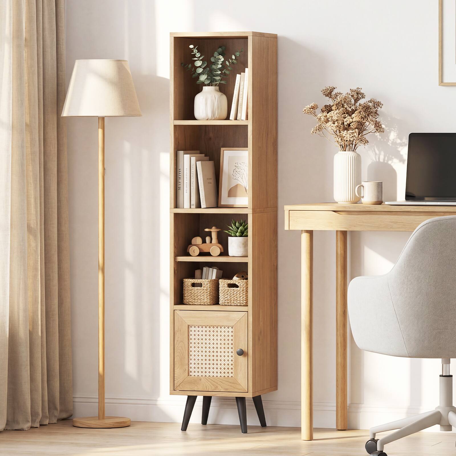 Alt View 5. Gymax - Gymax 2PCS 6-Tier Tall Narrow Bookcase w/Adjustable Shelf & Boho Style Rattan Door - Yellow.