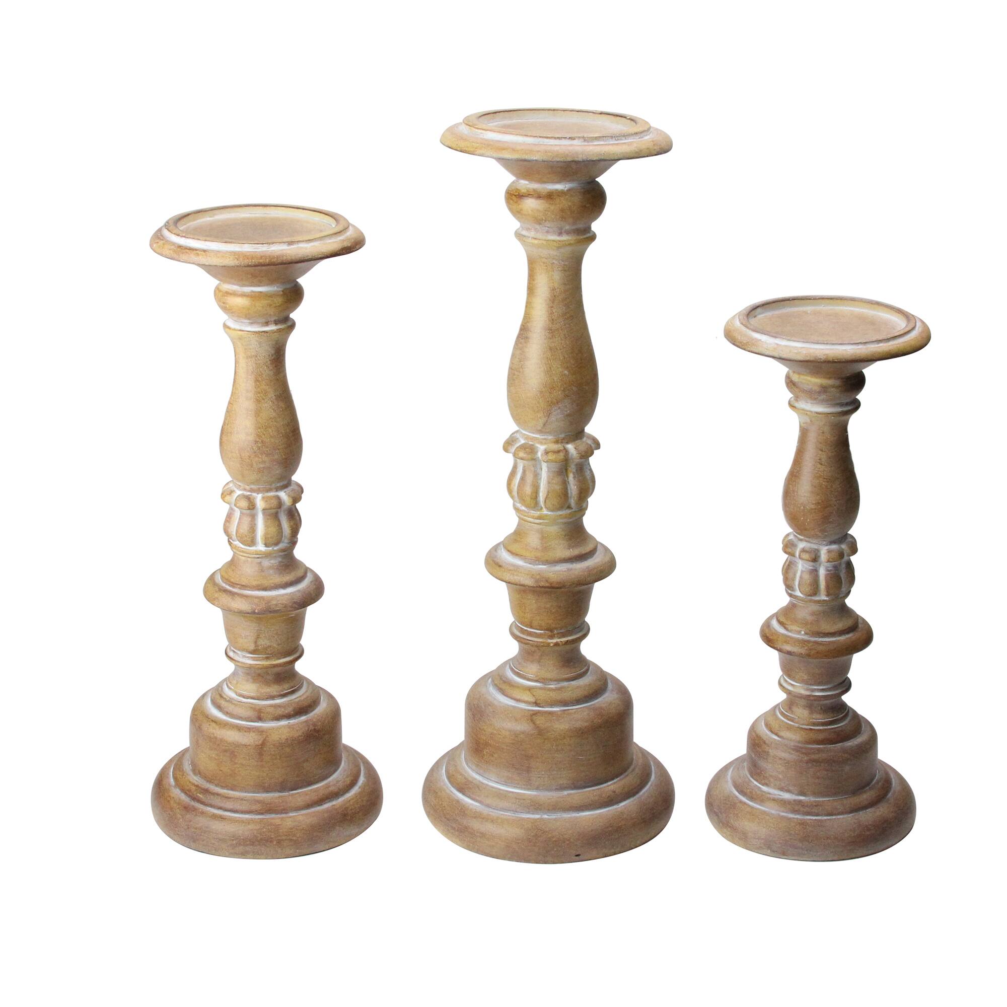 Front. Raz - Set of 3 Assorted Size Rustic White Dusted Pillar candle Holders 15"-11" - Brown.