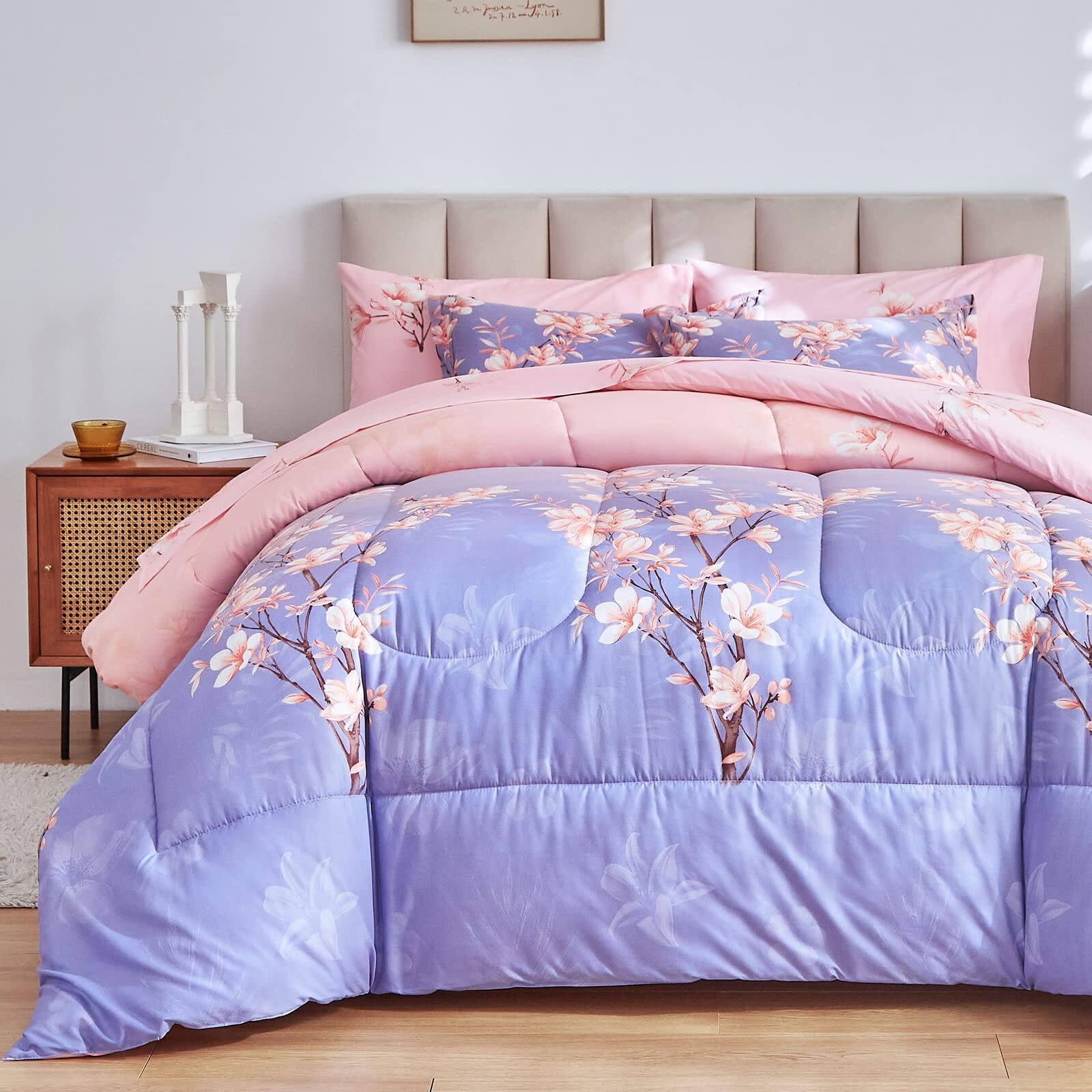 Back. Earthley Blooms - And Light Queen Comforter Set With Sheets Bed In A Bag 7pieces Branches Flowers Printing Design Ultra Soft - Blossom Stem-Queen-7 Pieces.