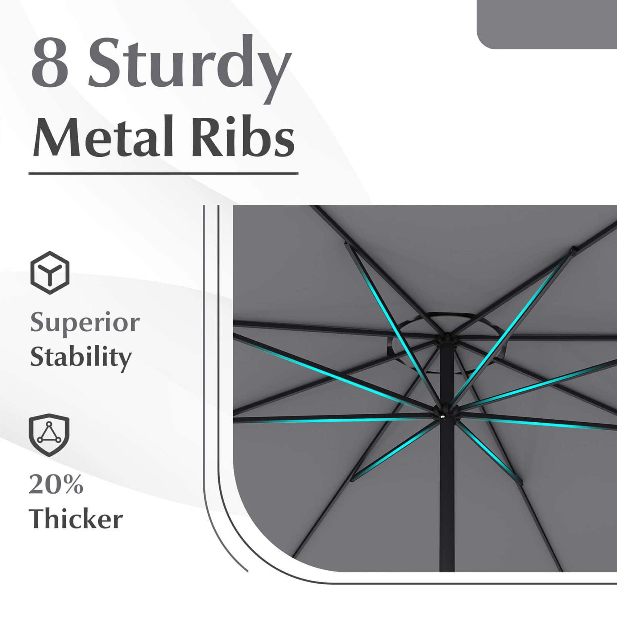 8 Sturdy Metal Ribs Superior Stability 20% Thicker