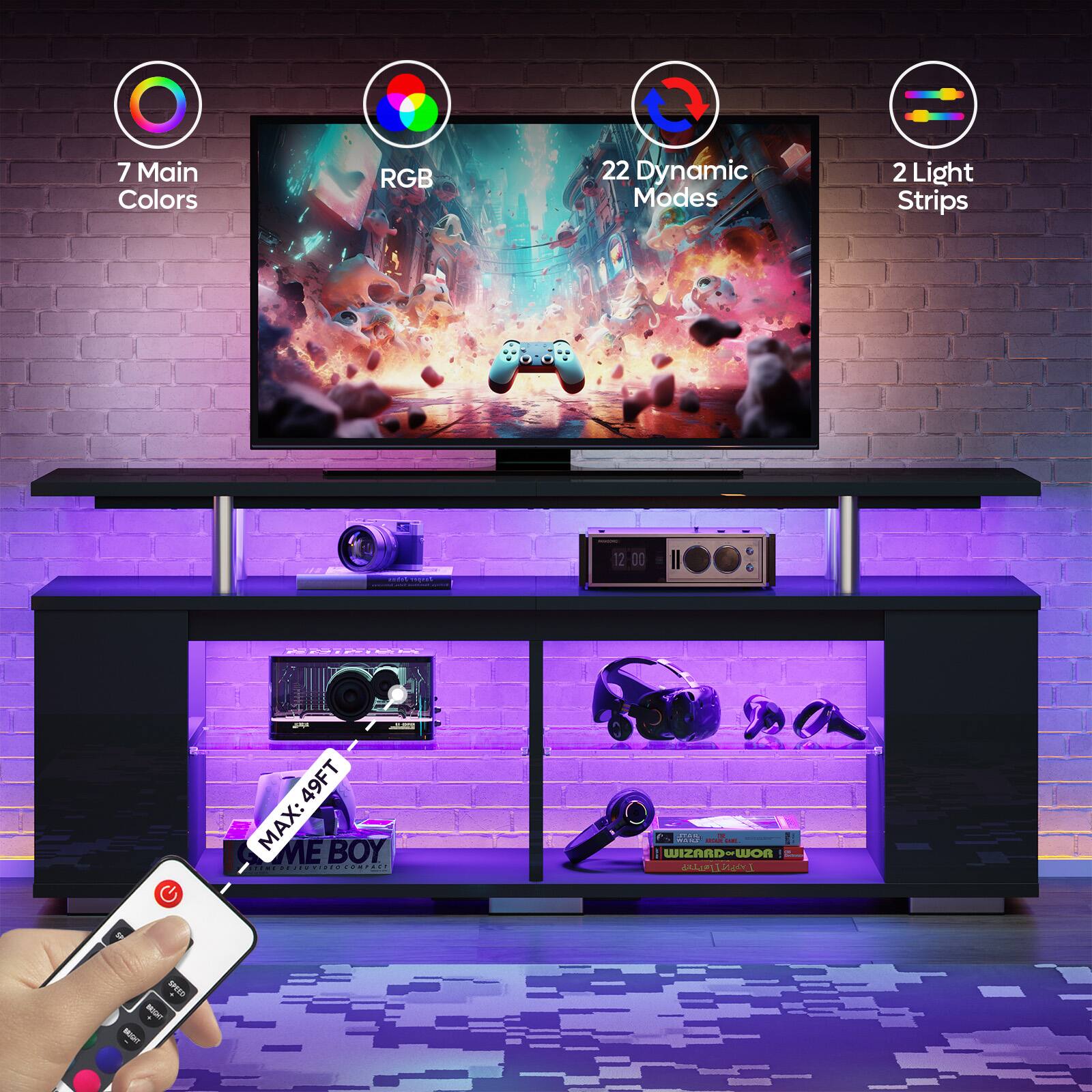 The text on the image reads: "7 Main Colors RGB 22 Dynamic Modes 2 Light Strips 12 00 TRANT G 49FT MAX: BOY M I ... - C I : WIZARD-WOR won A : P STE - MIT."