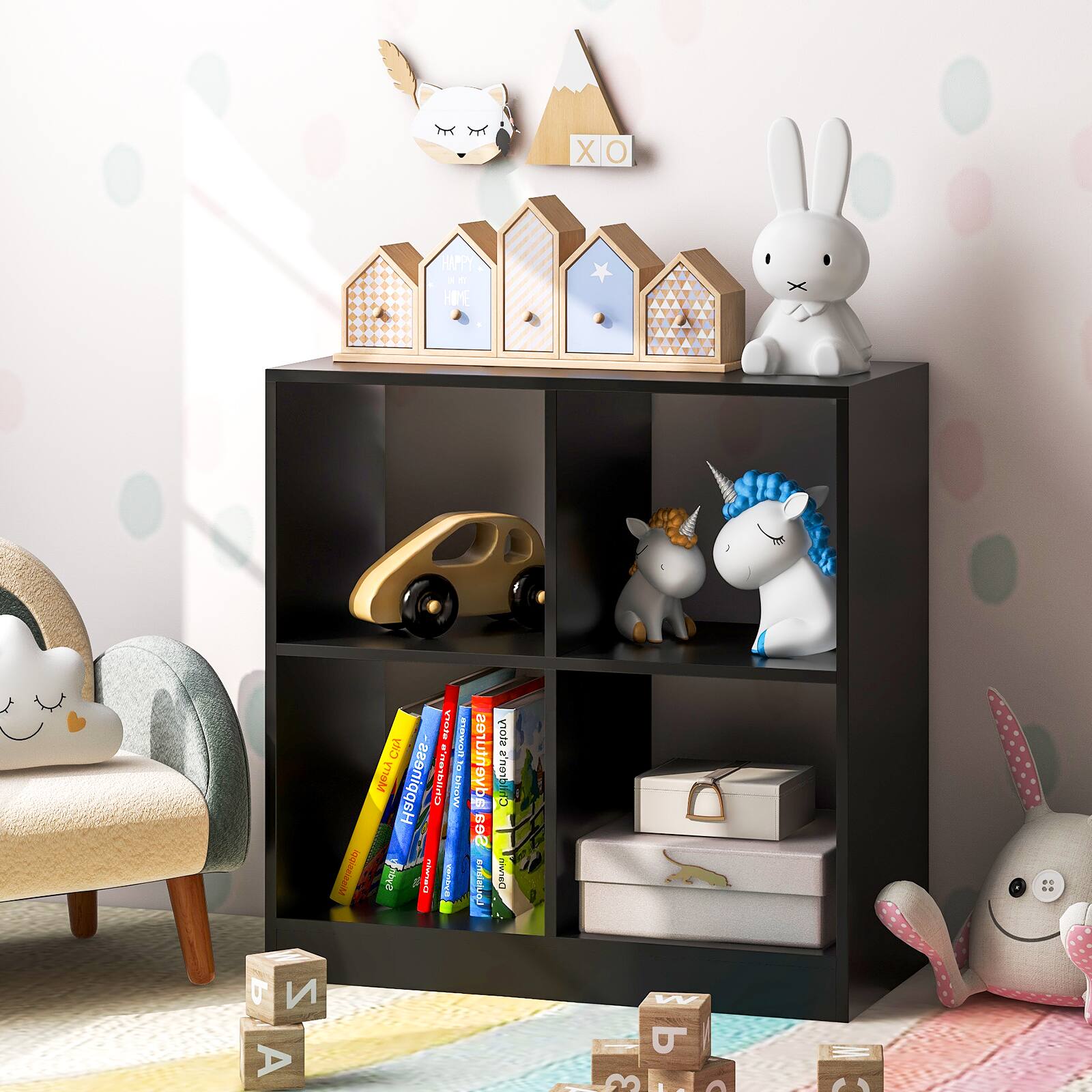SlickBlue 4 Cube Kids Bookcase with Open Shelves for Books