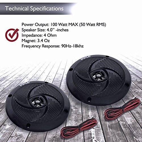 Technical Specifications  
Power Output: 100 Watt MAX (50 Watt RMS)  
Speaker Size: 4.0" inches  
Impedance: 4 Ohm  
Magnet: 3.4 Oz  
Frequency Response: 90Hz-18kHz
