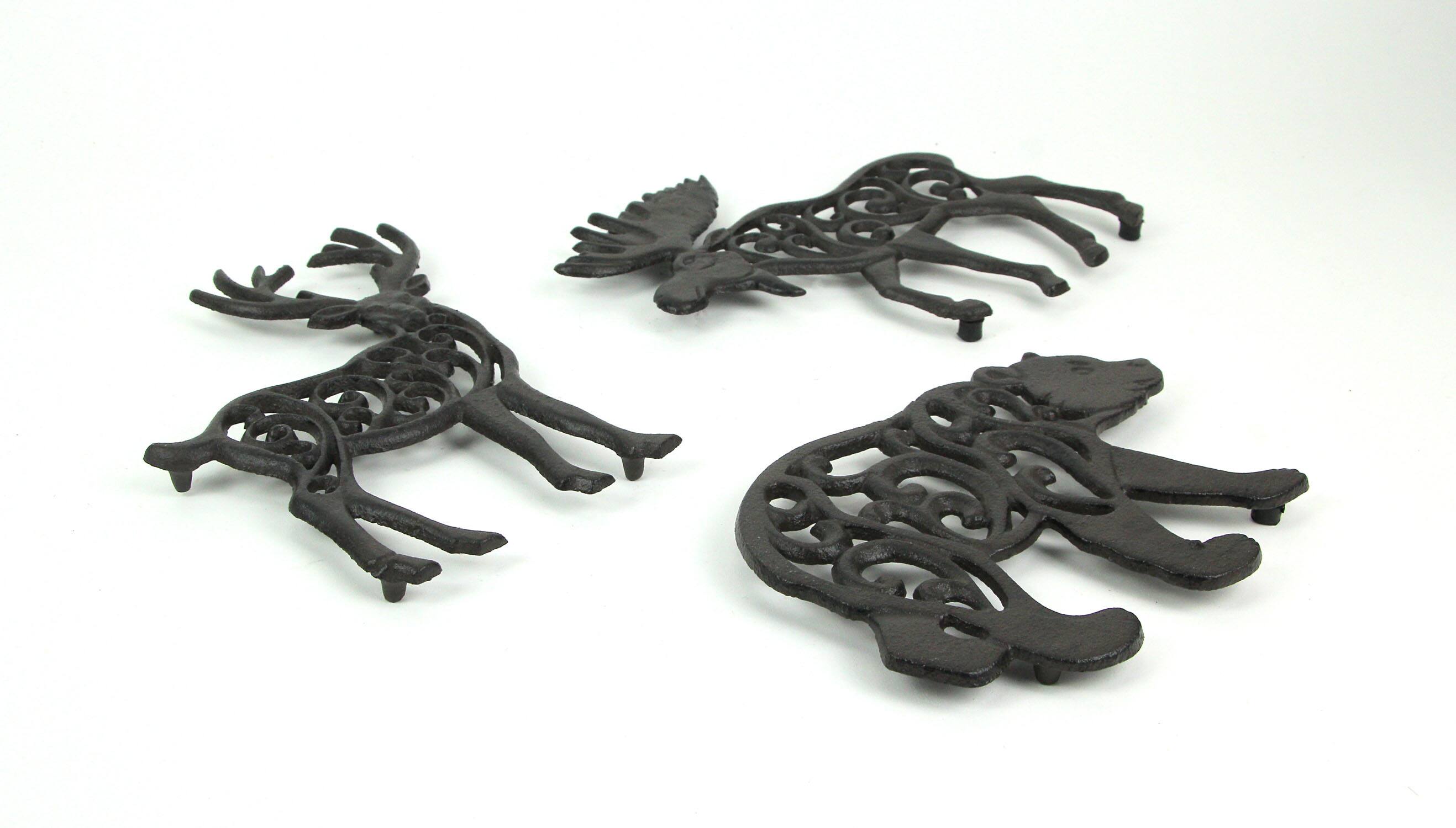 Alt View 3. Zeckos - Set of 3 Cast Iron Lodge Design Kitchen Trivets Wall Hanging Art Deer Moose Bear - Brown.