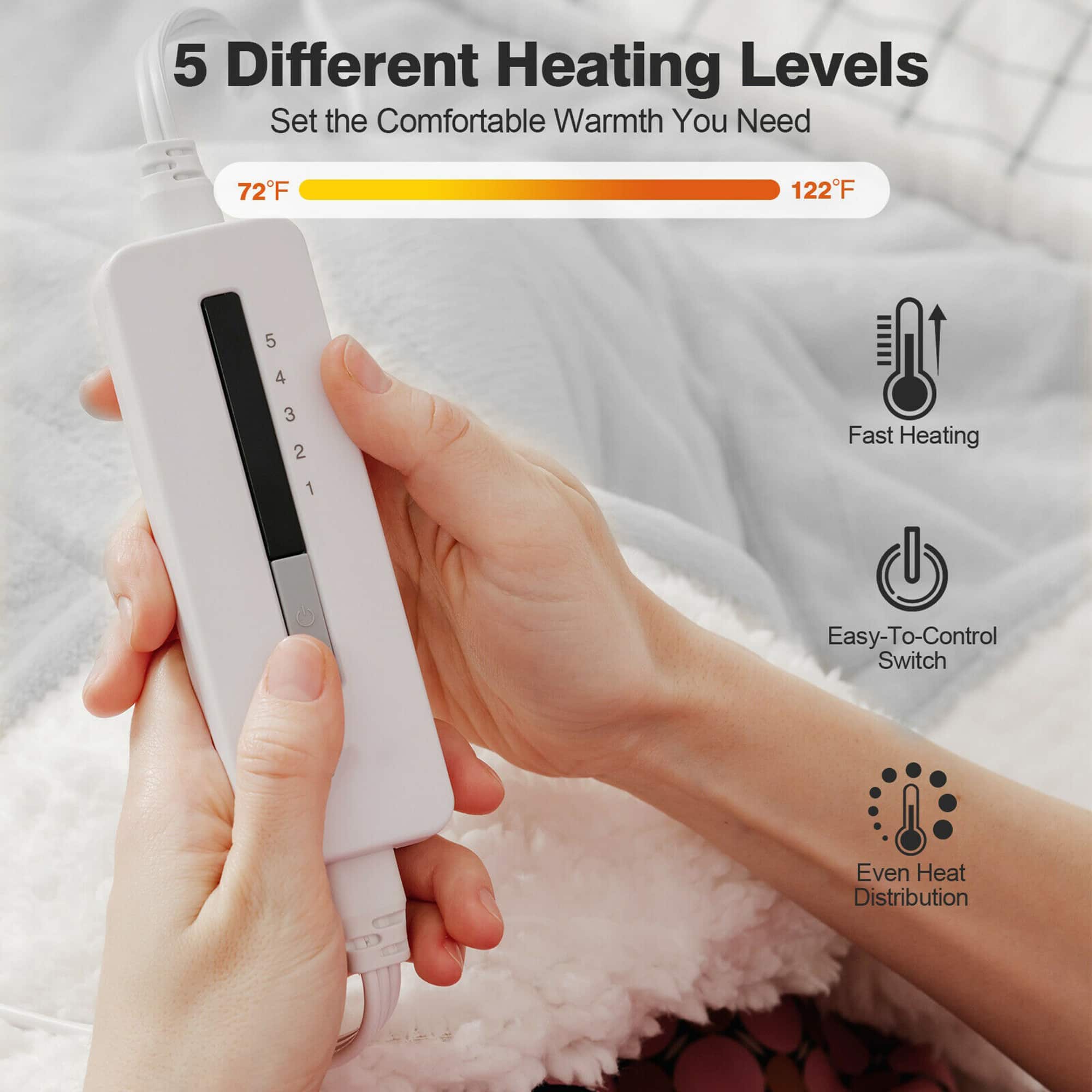 5 Different Heating Levels: Set the Comfortable Warmth You Need
72F, 122F, 5, 4, 554321, 3, 2, 1
Fast Heating
Easy-To-Control Switch
Even Heat Distribution