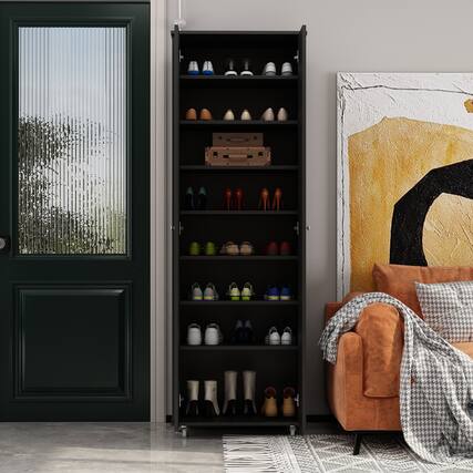 Front. FUFU & GAGA - Large Capacity Rolling Shoe Cabinet with 360° Swivel Wheels – Durable Family Storage Organizer - Black.