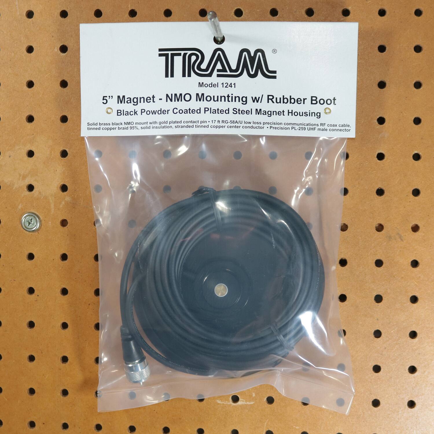 TRAM  
Model 1241  

5" Magnet - NMO Mounting w/ Rubber Boot  
Black Powder Coated Plated Steel Magnet Housing  

Solid brass black NMO mount with gold plated contact pin - 17 i RG-58A/U low loss precision communications RF coax cable. Estaid 95% solid insulation, stranded tinned copper center conductor Precision zinned copper PL-259 UHF male connector  

TRAM  
Model 1241  
5" Magnet - NMO Mounting w/ Rubber Boot  
Black Powder Coated Plated Steel Magnet Housing  
Solid brass black NMO mount with gold plated contact pin - 17 i RG-58A/U low loss precision communications RF coax cable. Estaid 95% solid insulation, stranded tinned copper center conductor Precision zinned copper PL-259 UHF male connector