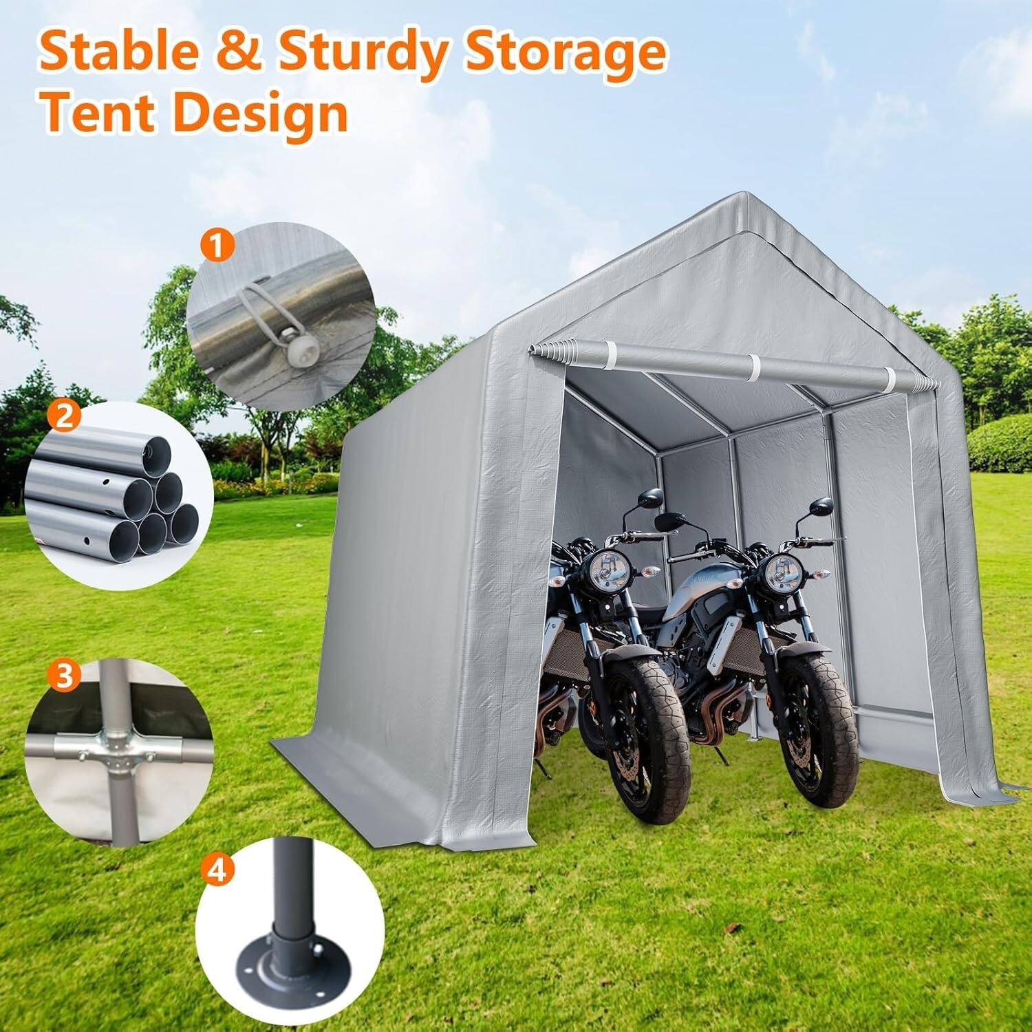 Stable & Sturdy Storage Tent Design

1. [Image of a metal hook]
2. [Image of metal poles]
3. [Image of a metal frame]
4. [Image of a metal base]