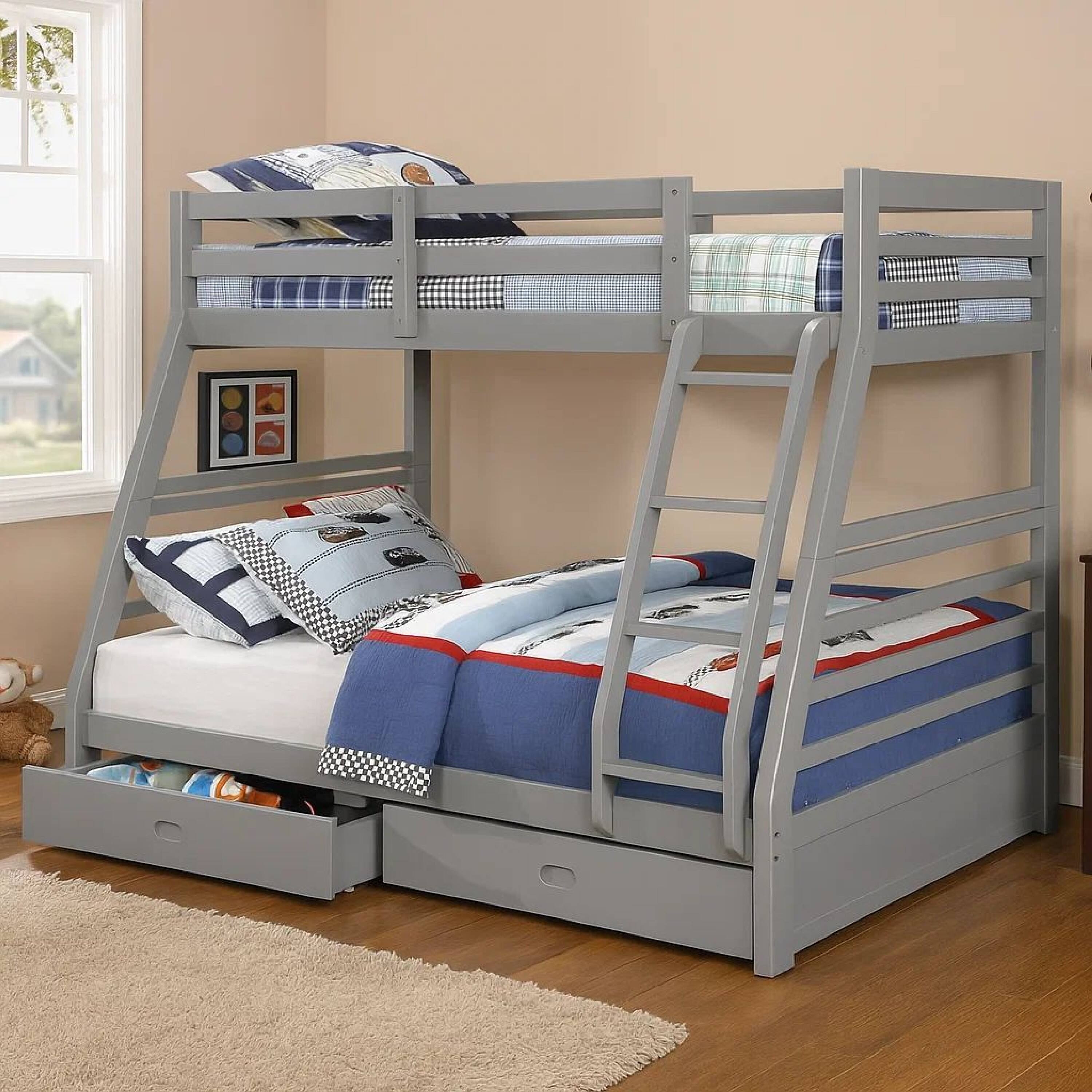 Alt View 6. Manhattan Lane - Transitional Twin Over Full Bed with Attached Ladder and Drawers, Dark Gray - Gray.