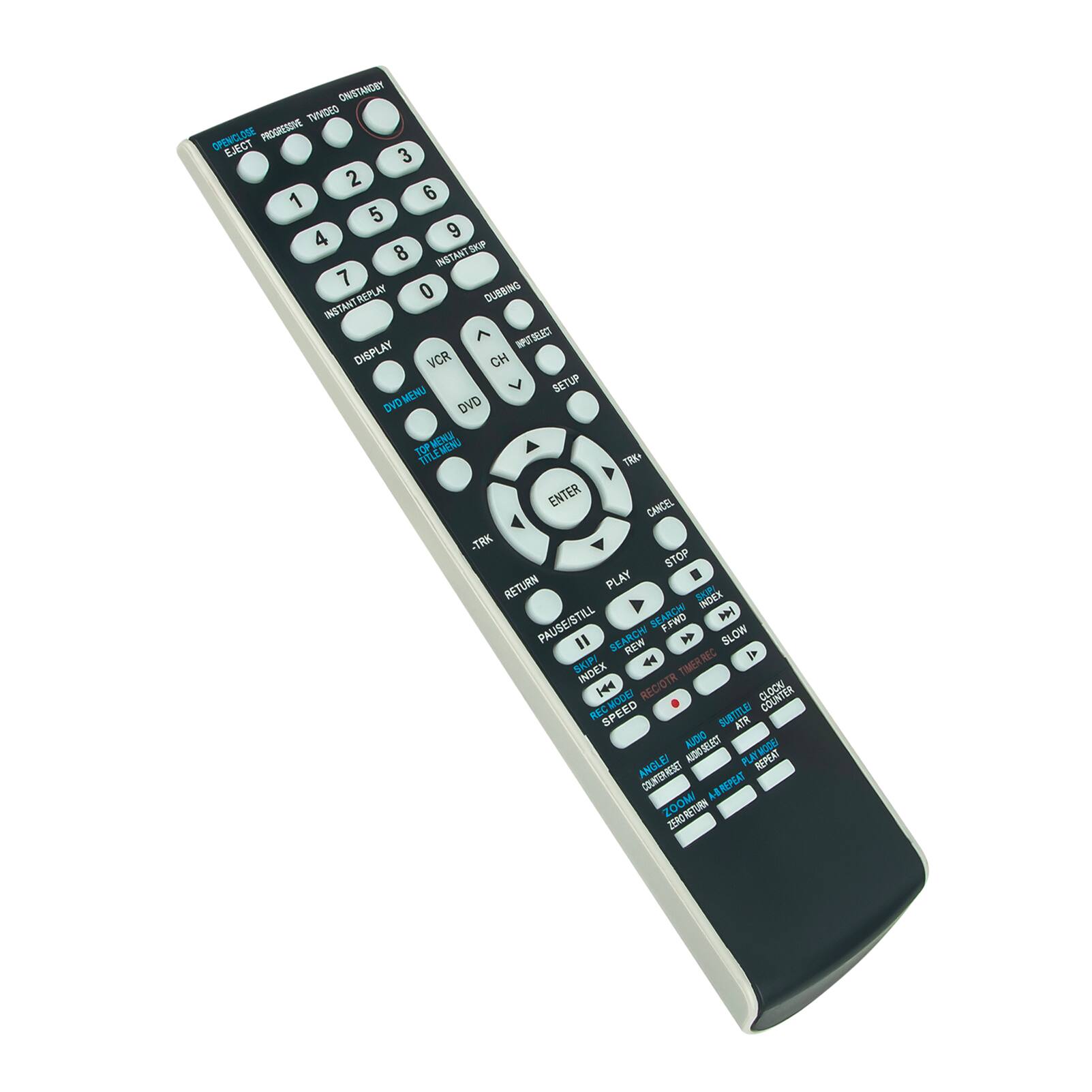 Sure, here is the corrected and grouped text from the image:

**Top Section:**
- ONISTANOBY
- TVVIDEO
- OPENICLOSE
- PROGRESSIVE
- EJECT
- 3 2 1 6 5 4 9 8
- SKIP
- INSTANT
- 7
- REPLAY
- 0
- DUBBING
- INSTANT
- ^ WP IPOTLACT
- DISPLAY
- VCR
- CH
- MENU
- SETUP
- DVD
- DVD TOP
- EU
- TITLEMENO
- TRK
- ENTER
- CANCEL
- TRK
- STOP
- RETURN
- PLAY
- SK
- INDEX
- F.JWO
- PAUSE/STILL
- I SEARCH
- SF
- SLOW
- REW
- REC
- is SKUP
- TIMER
- REC
- INDEX
- H
- REC/OTR
- CLOOK
- SPEED
- SUBTITLE
- ATR
- AUDIO
- AUDOSEUECT
- BODH
- ANGLEJ
- PLAY
- REPEAT
- COUNTERESES
- A-BREPEAT
- ZERGRETURN

**Middle Section:**
- 1 2 3
- 4 5 6
- 7 8 9
- 0
- INSTANT SKIP
- DUBBING
- DISPLAY
- VCR
- CH
- MENU
- SETUP
- DVD
- DVD TOP
- EU
- TITLEMENO
- TRK
- ENTER
- CANCEL
- TRK
- STOP
- RETURN
- PLAY
- SK
- INDEX
- F.JWO
- PAUSE/STILL
- I SEARCH
- SF
- SLOW
- REW
- REC
- is SKUP
- TIMER
- REC
- INDEX
- H
- REC/OTR
- CLOOK
- SPEED
- SUBTITLE
- ATR
- AUDIO
- AUDOSEUECT
- BODH
- ANGLEJ
- PLAY
- REPEAT
- COUNTERESES
- A-BREPEAT
- ZERGRETURN

**Bottom Section:**
- PLAY
- STOP
- PAUSE/STILL
- SEARCH
- FWD
